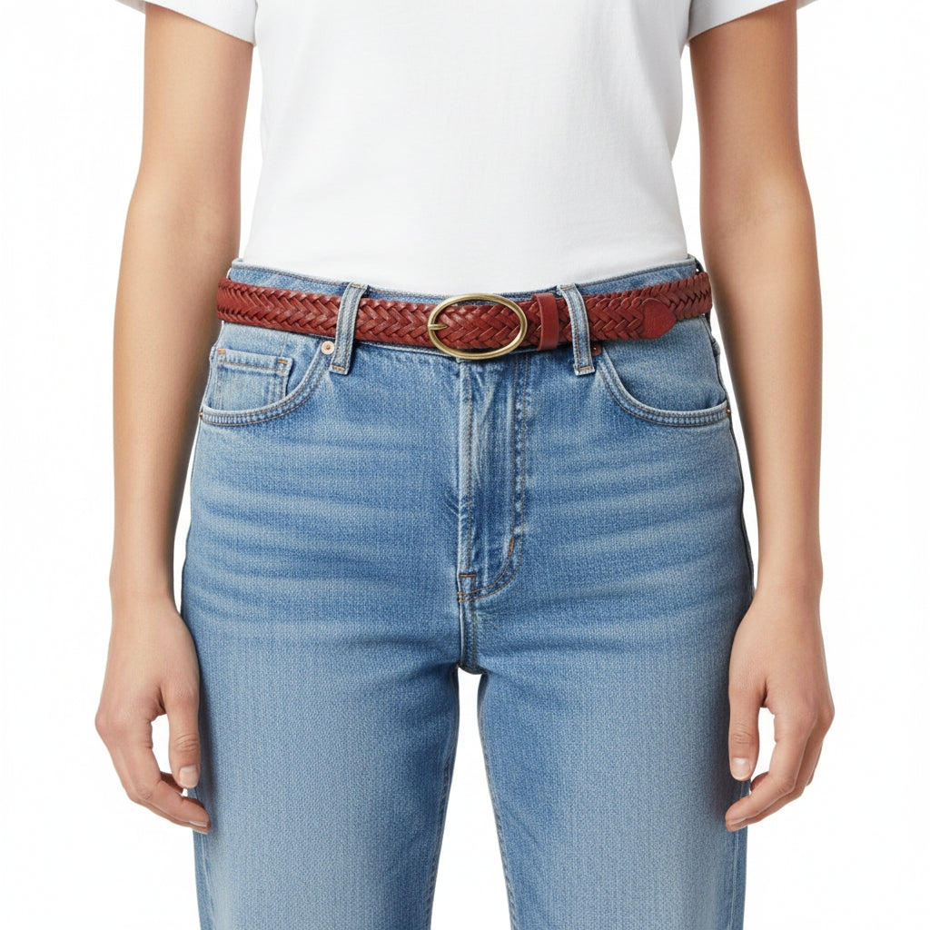 BELTLEY Basket Weave Leather Belt in Vintage Red For Women