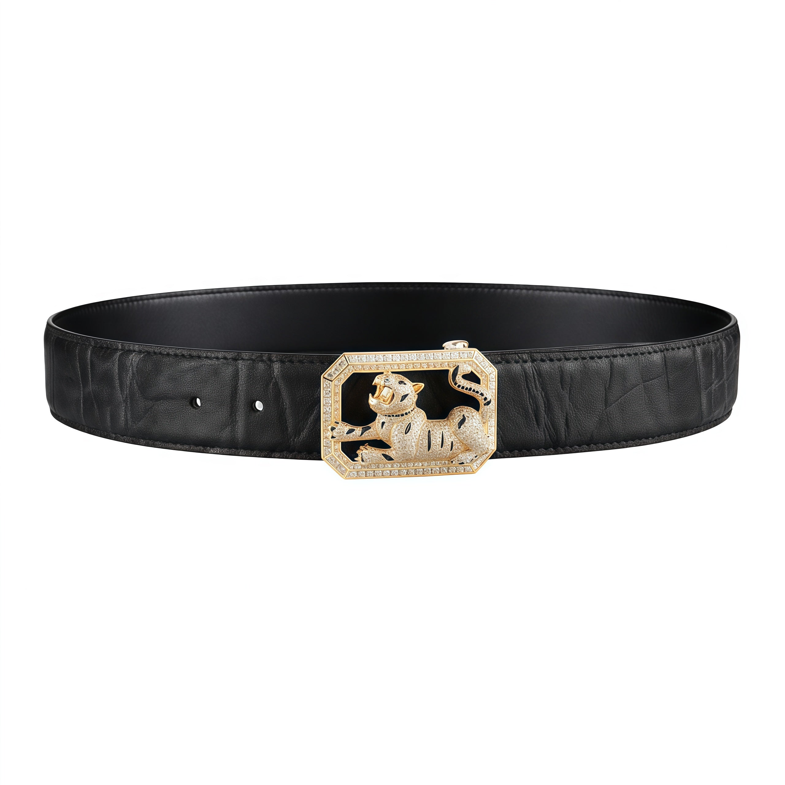 BELTLEY Black Elephant Skin Belt — 1.5" Luxury Tiger Buckle