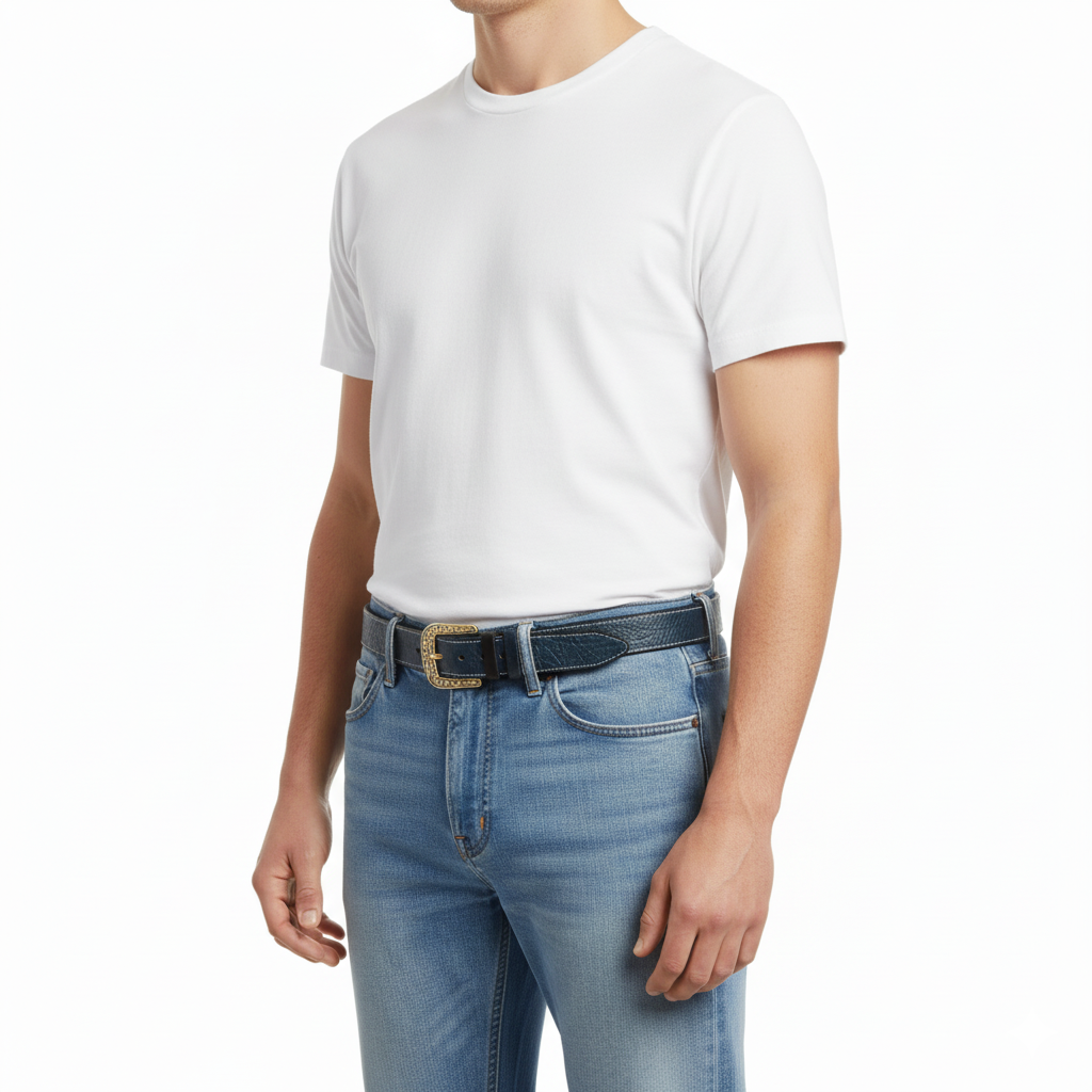 BELTLEY Blue Vintage Leather Belt – Solid Floral Brass Buckle