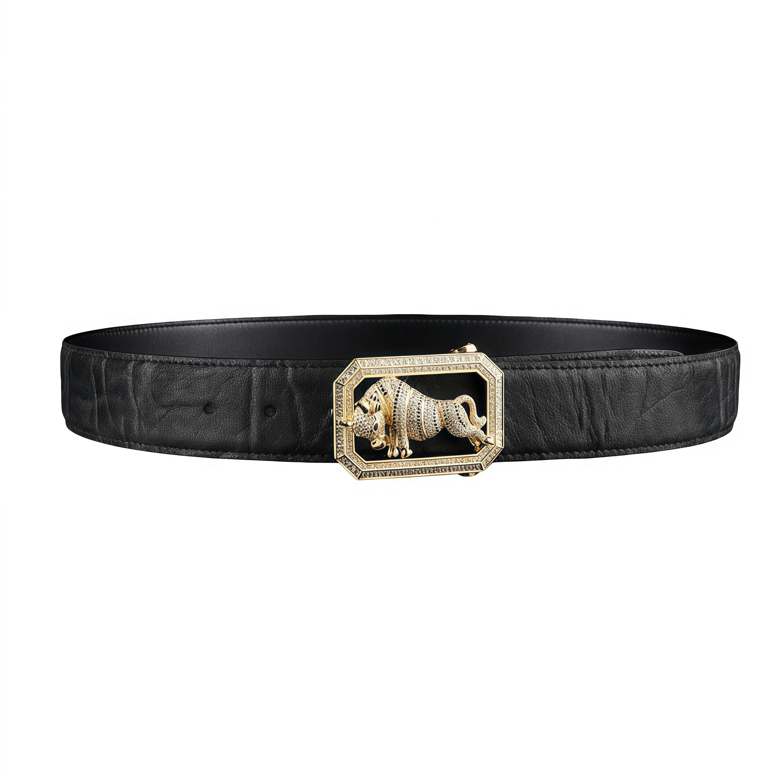 BELTLEY Elite Black Elephant Leather Belt With Unique Bull Buckle-1.5 "