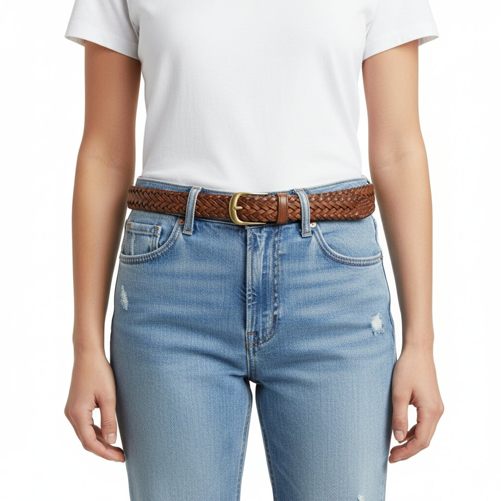 BELTLEY Handwoven Brown Full-Grain Leather Belt for Women