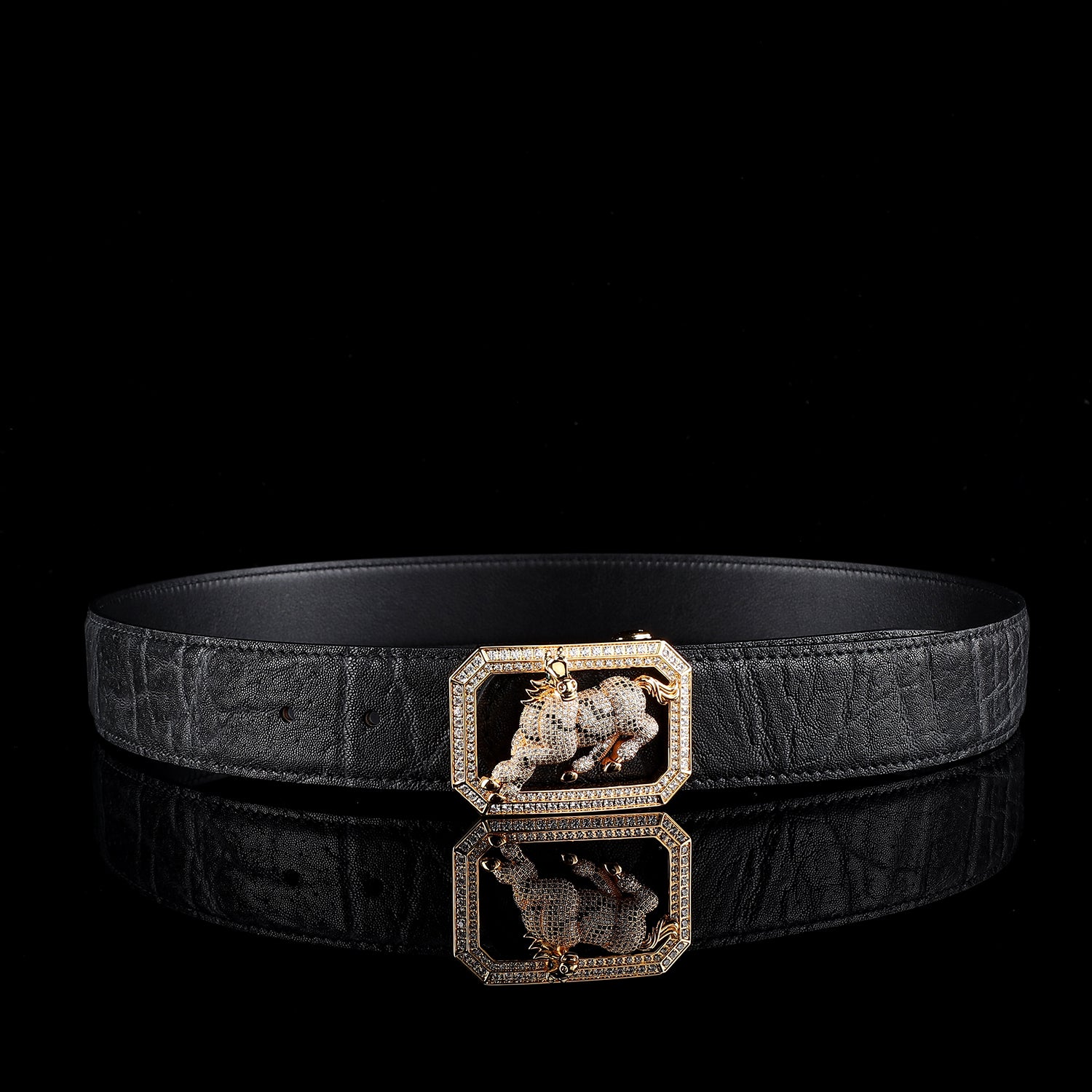 BELTLEY Men’s Black Elephant Skin Belt - Gold Plated Horse Buckle-1.5 Inches