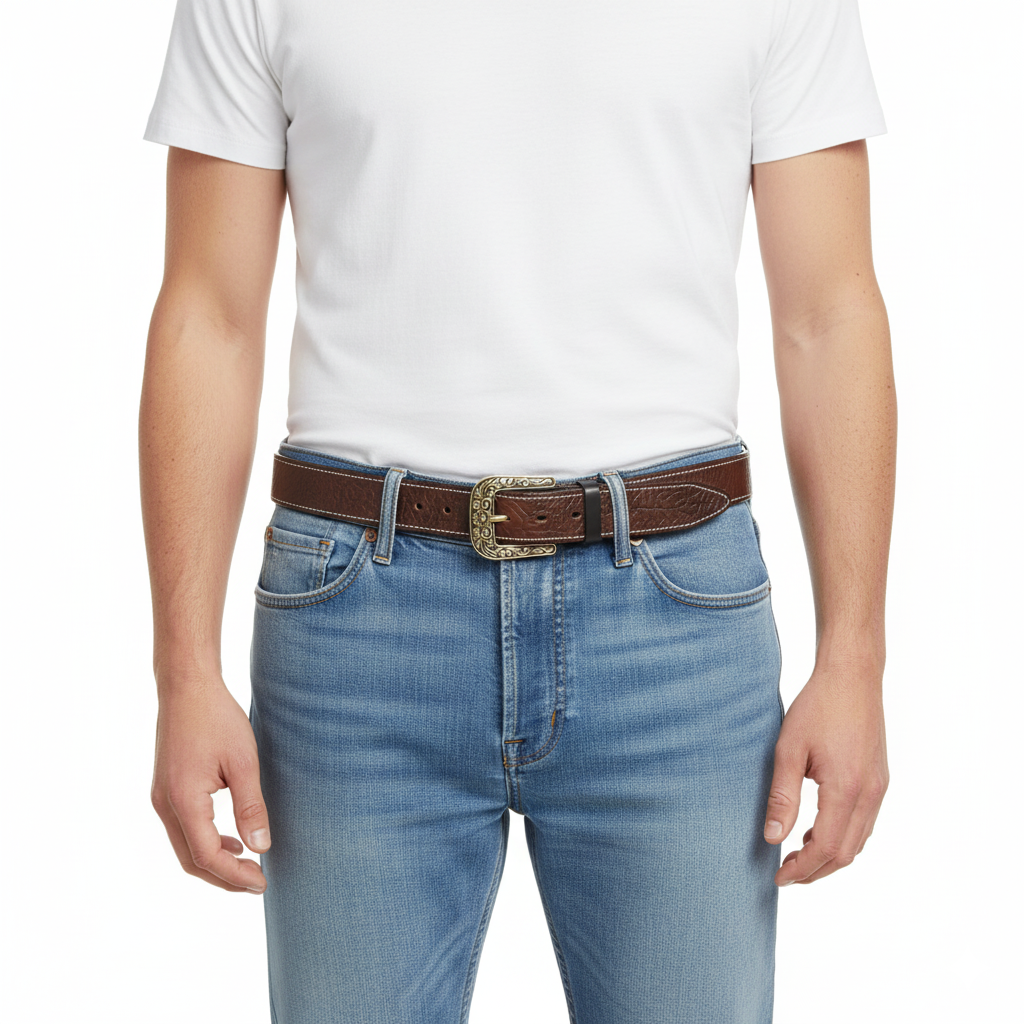 BELTLEY Men's Brown Vintage Leather Belt – Solid Floral Brass Buckle