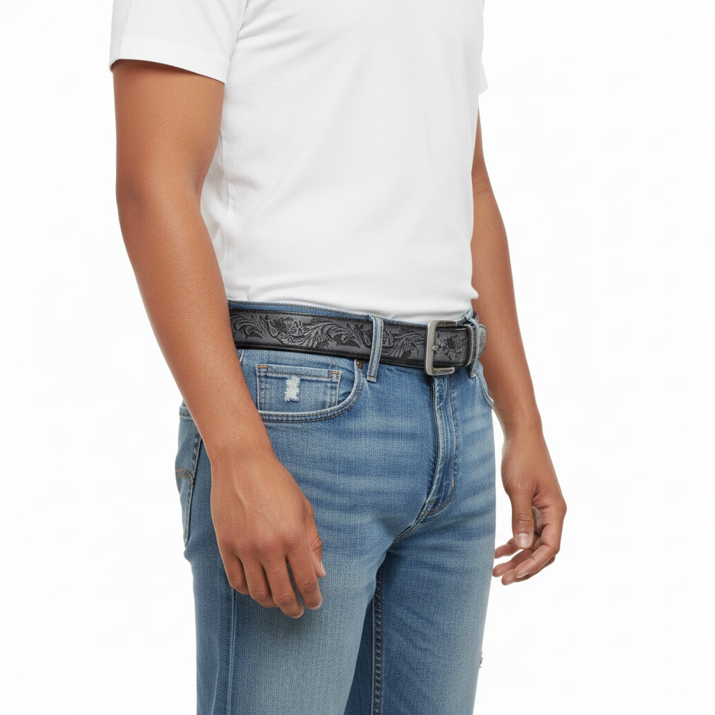 Men’s Floral Leather Belt – Hand-Dyed Midnight Blue — side detail | BELTLEY