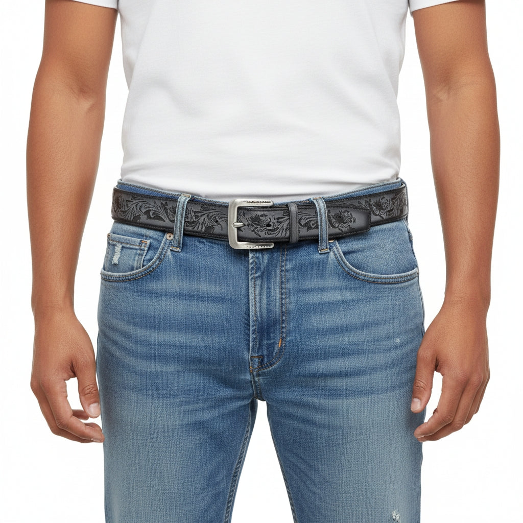 Men’s Floral Leather Belt – Hand-Dyed Midnight Blue — lay-flat view | BELTLEY
