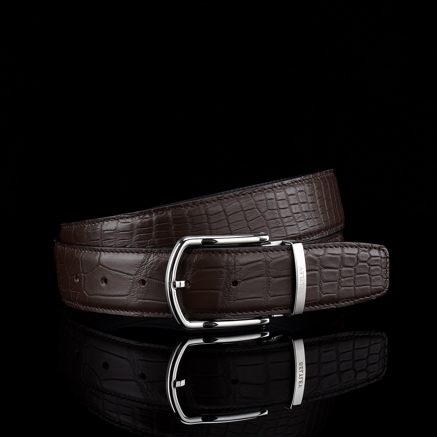BELTLEY Polished Buckle Crocodile Belt - Espresso Brown 1.5 inches