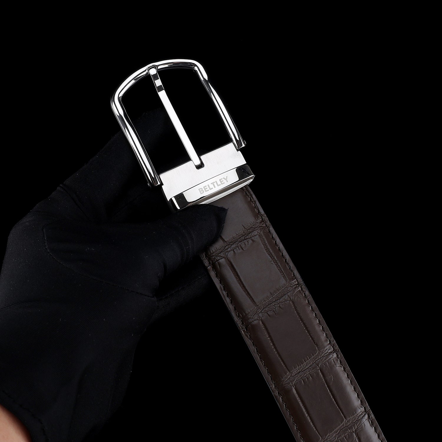 BELTLEY Polished Buckle Crocodile Belt - Espresso Brown 1.5 inches