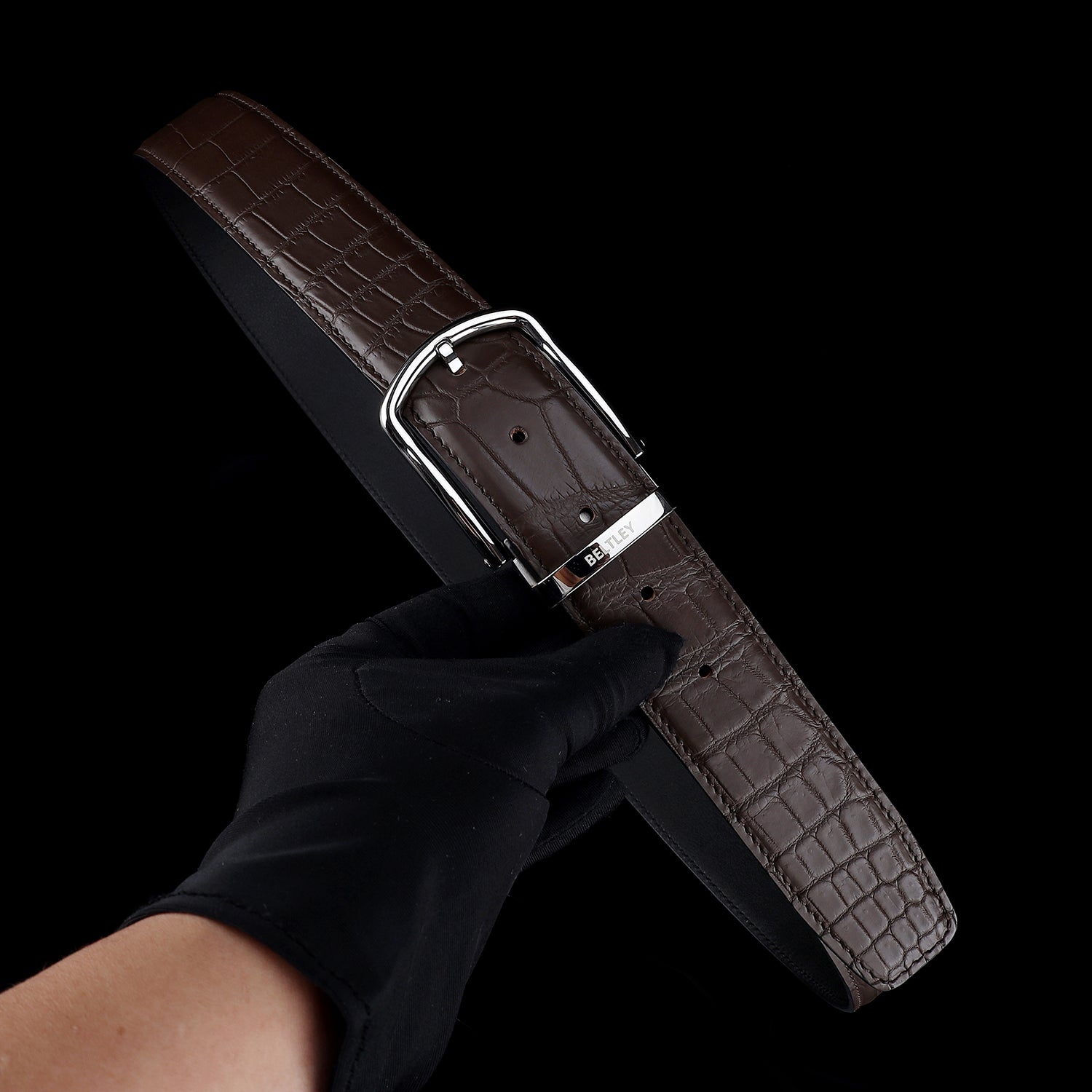 BELTLEY Polished Buckle Crocodile Belt - Espresso Brown 1.5 inches