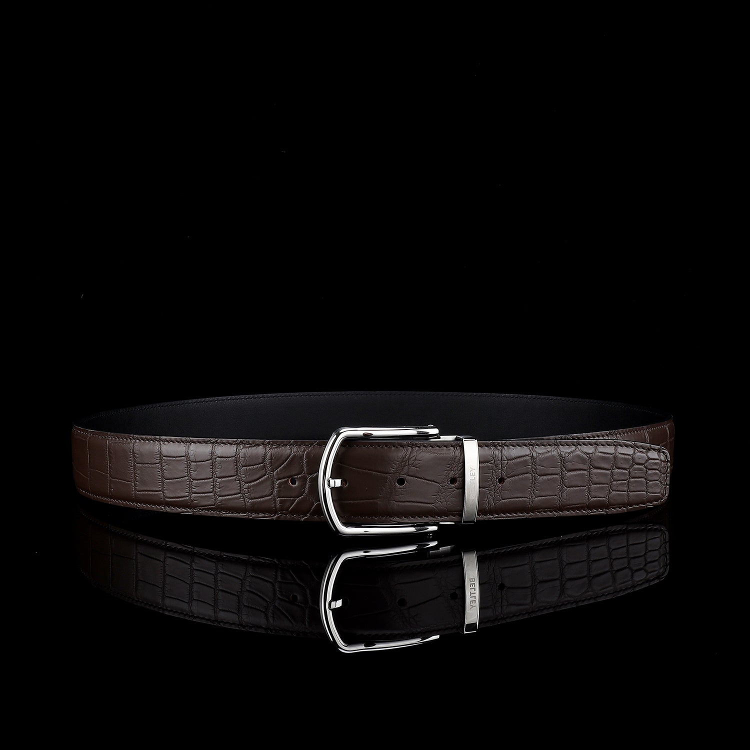BELTLEY Polished Buckle Crocodile Belt - Espresso Brown 1.5 inches