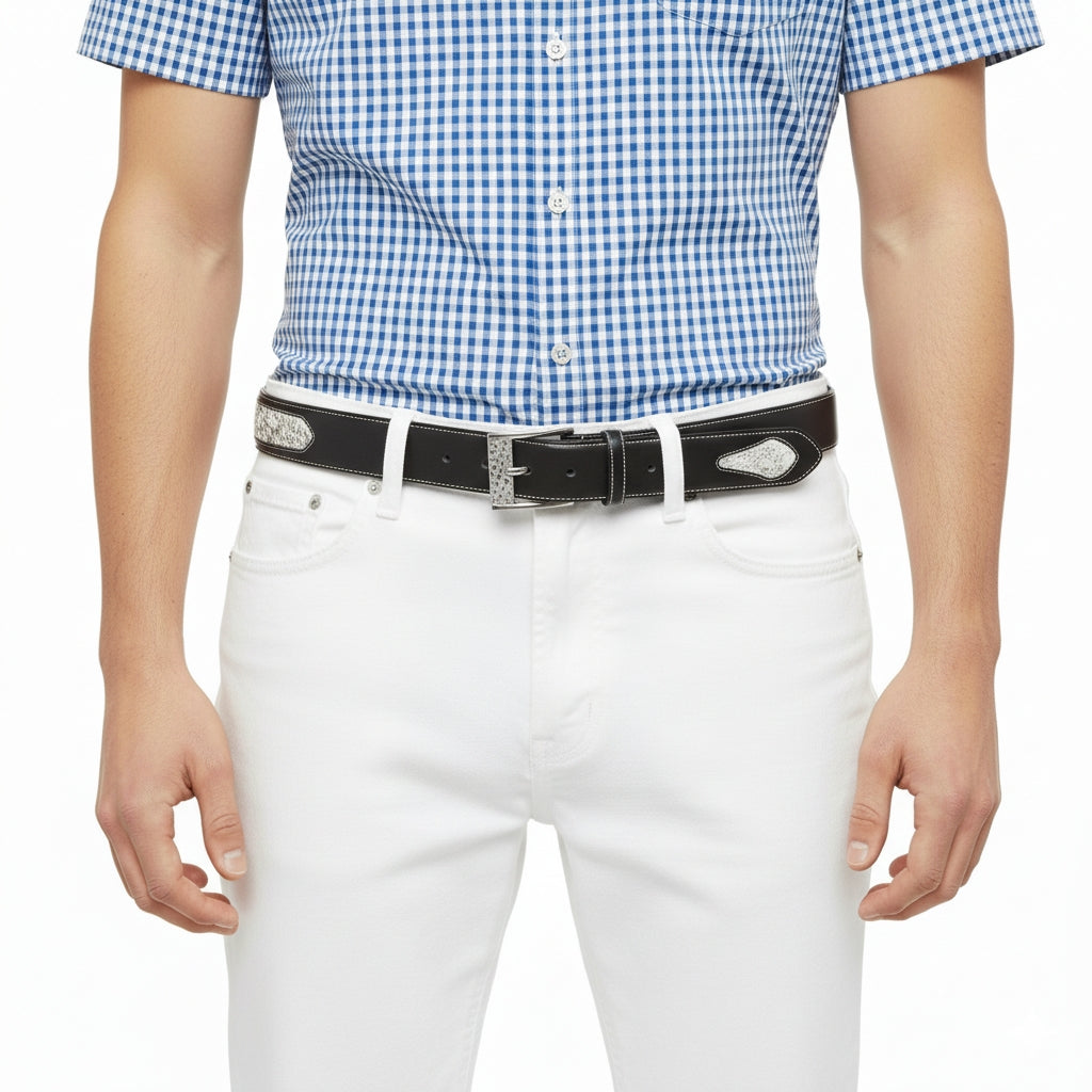 Signature Two-Tone Python Inlay Belt — edge detail | BELTLEY