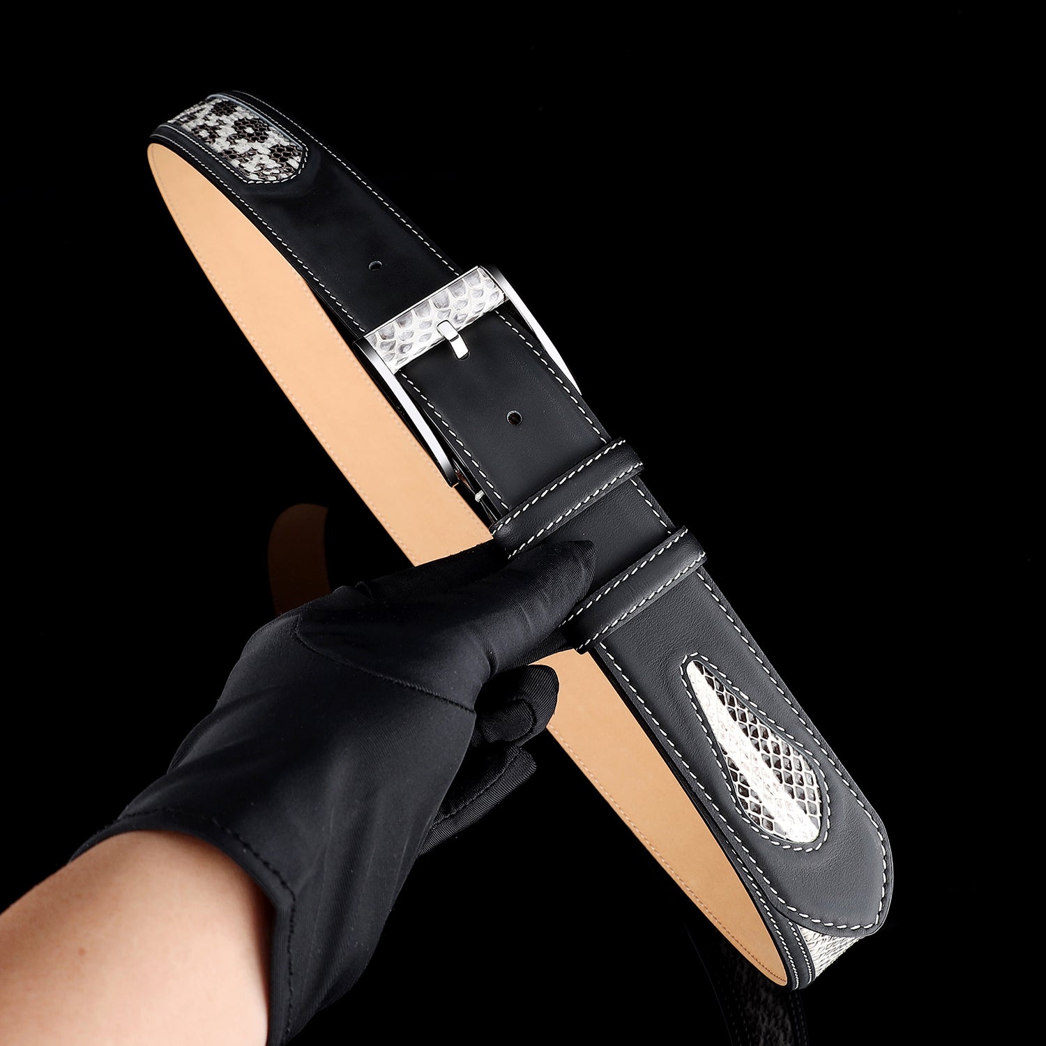 Signature Two-Tone Python Inlay Belt — buckle close-up | BELTLEY