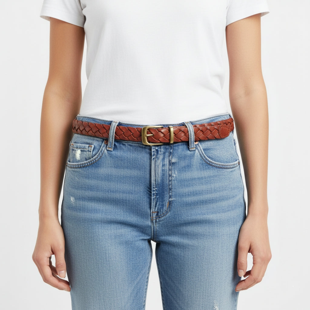 BELTLEY Women's Red Braided Leather Belt