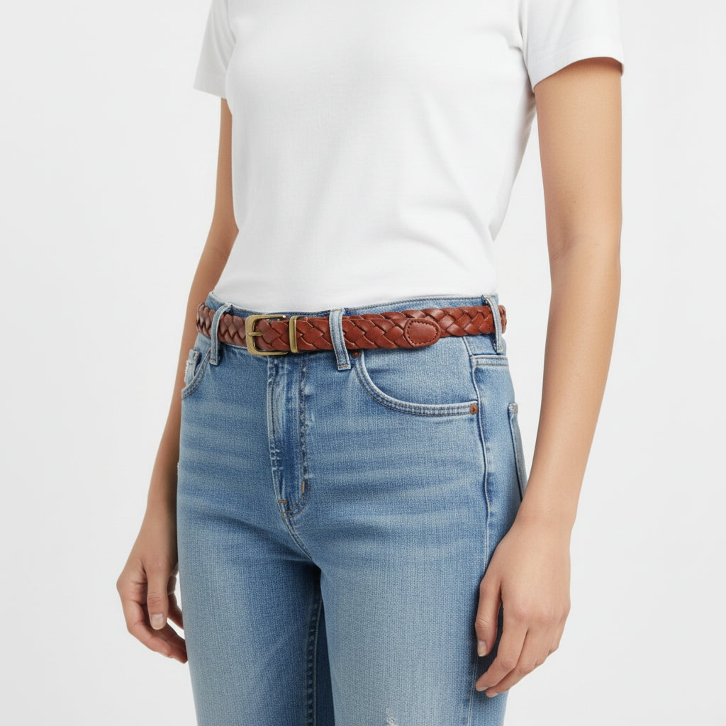 BELTLEY Women's Red Braided Leather Belt