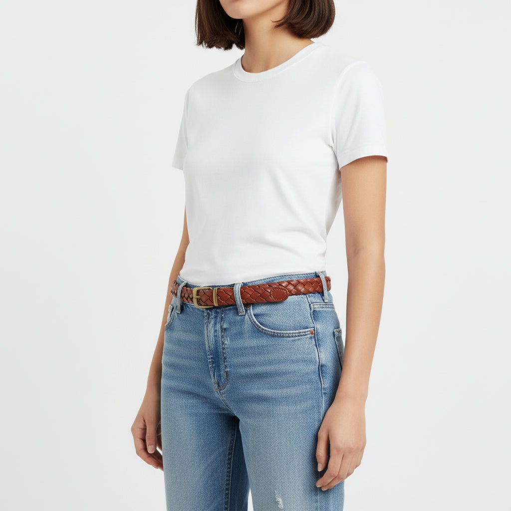 BELTLEY Women's Red Braided Leather Belt