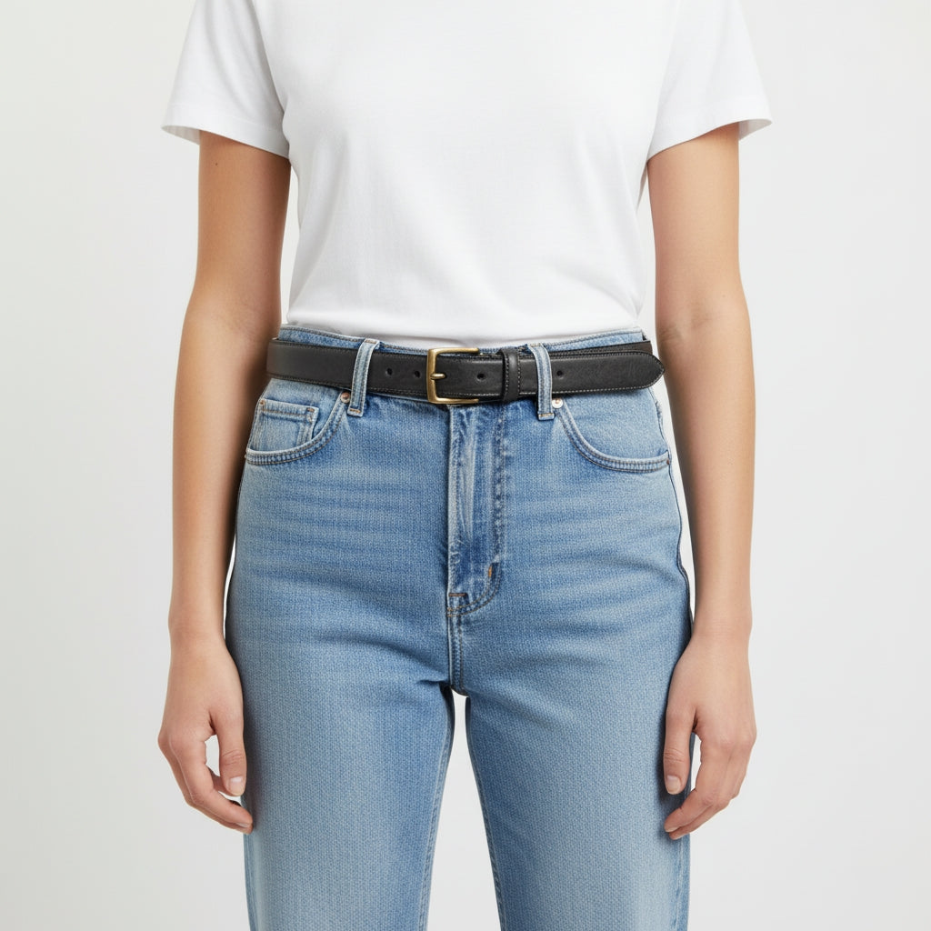 Women's Skinny Black Leather Belt | 28mm Width — edge detail | BELTLEY