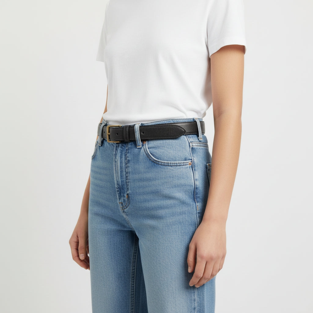 Women's Skinny Black Leather Belt | 28mm Width — lay-flat view | BELTLEY