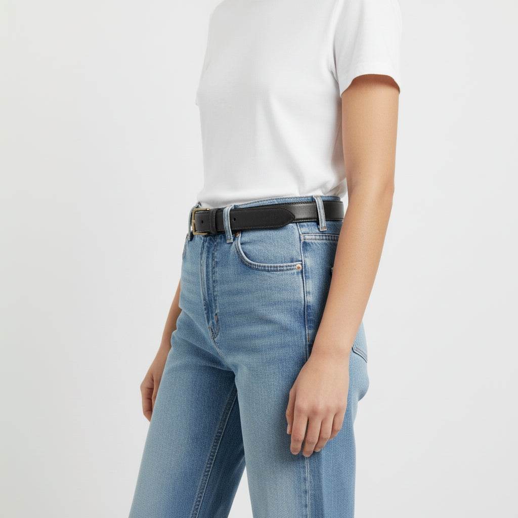 Women's Skinny Black Leather Belt | 28mm Width — side detail | BELTLEY