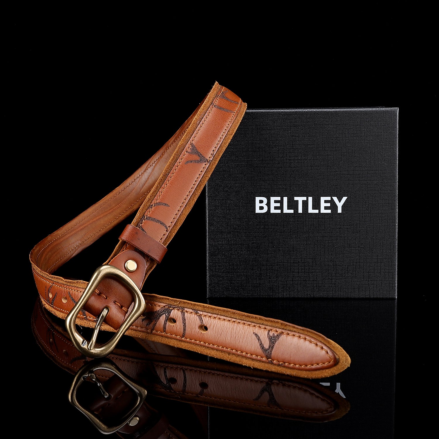 Beltley Artisan Stamped Leather Belt | Cognac Brown with Curved Brass Buckle