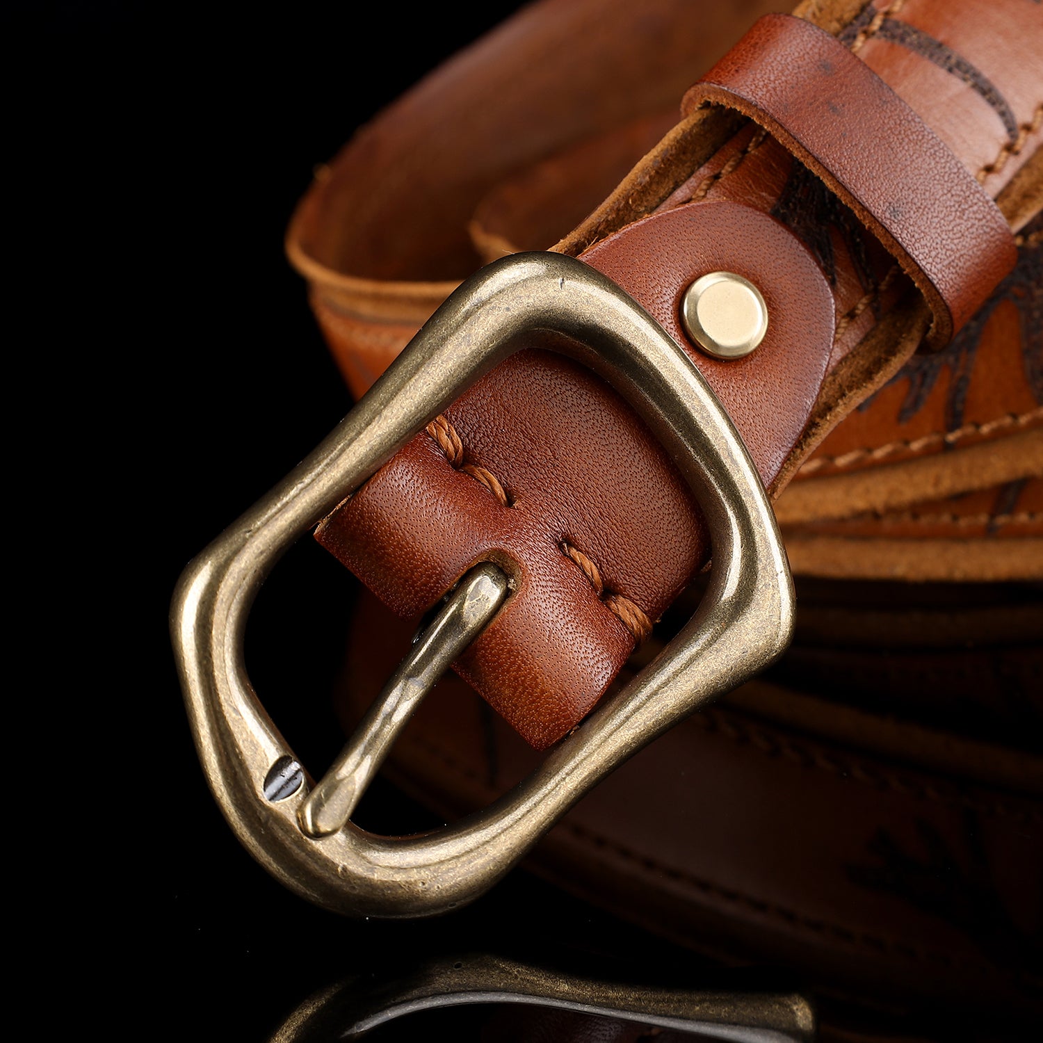 Artisan Stamped Leather Belt | Cognac Brown with Curved Brass Buckle — reverse side | BELTLEY