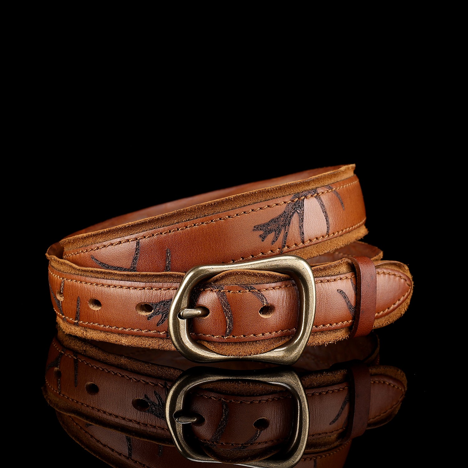 Beltley Artisan Stamped Leather Belt | Cognac Brown with Curved Brass Buckle