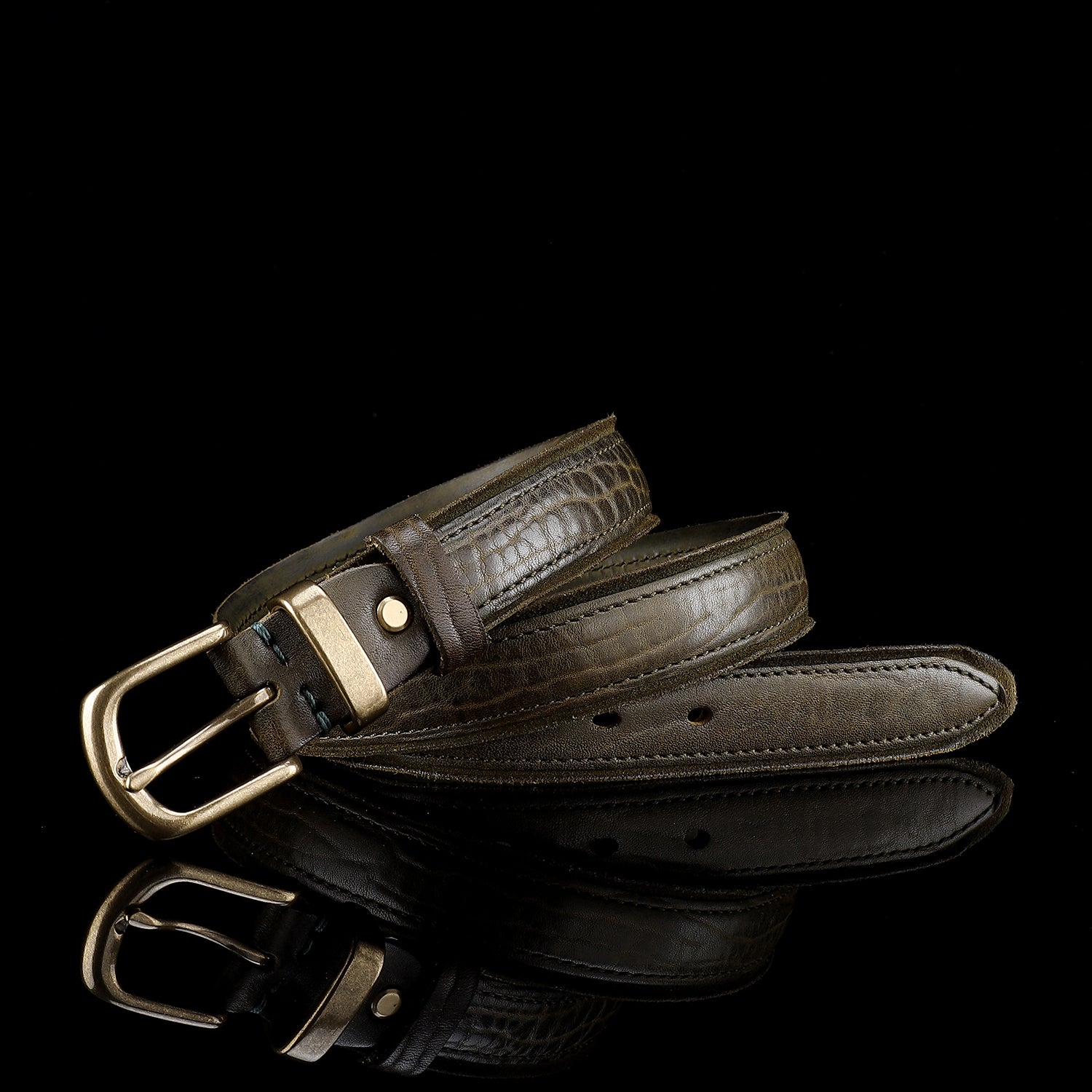 BELTLEY Distressed Dark Green Leather Belt for Men & Women