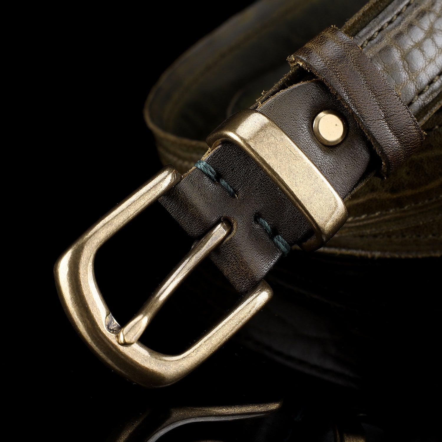 Distressed Dark Green Leather Belt for Men & Women — buckle close-up | BELTLEY