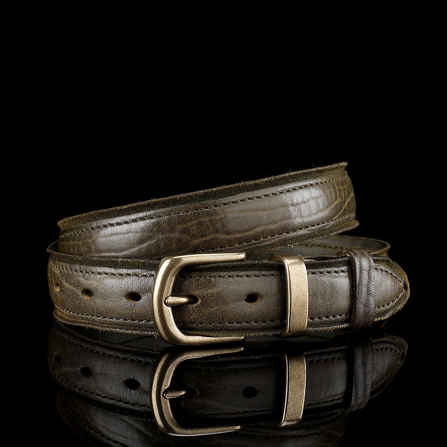 Distressed Dark Green Leather Belt for Men & Women — detail close-up | BELTLEY