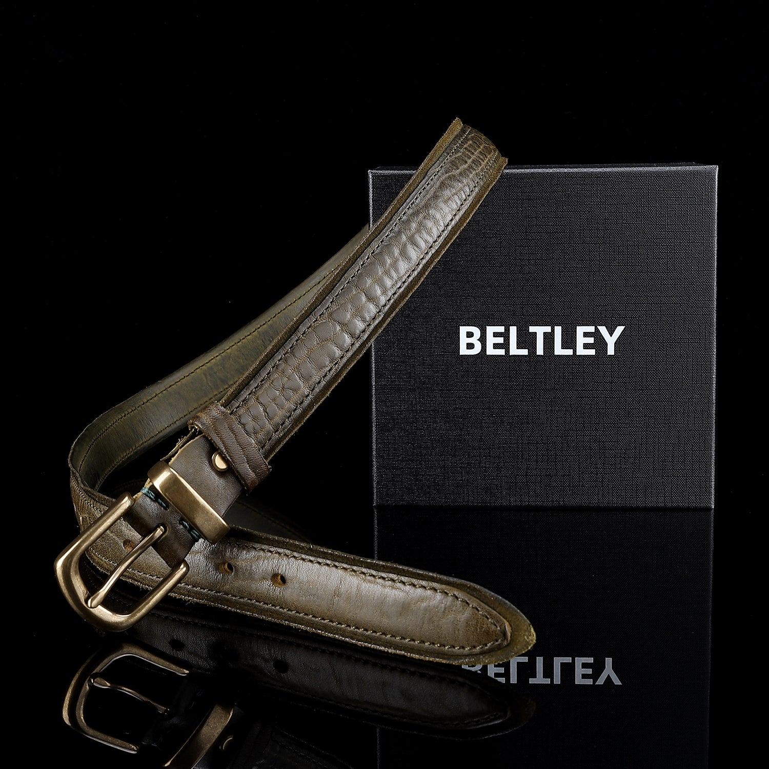 BELTLEY Distressed Dark Green Leather Belt for Men & Women