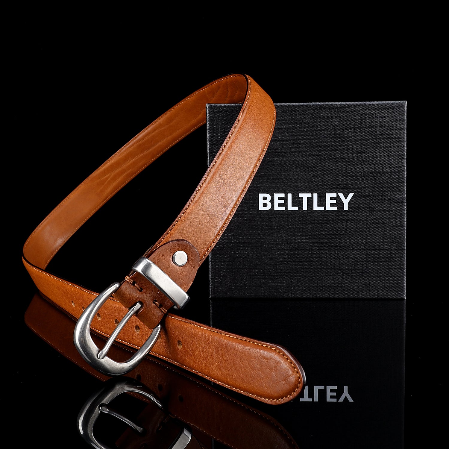 Elegant Cognac Leather Belt for Women | 1.25" Minimalist Design — reverse side | BELTLEY