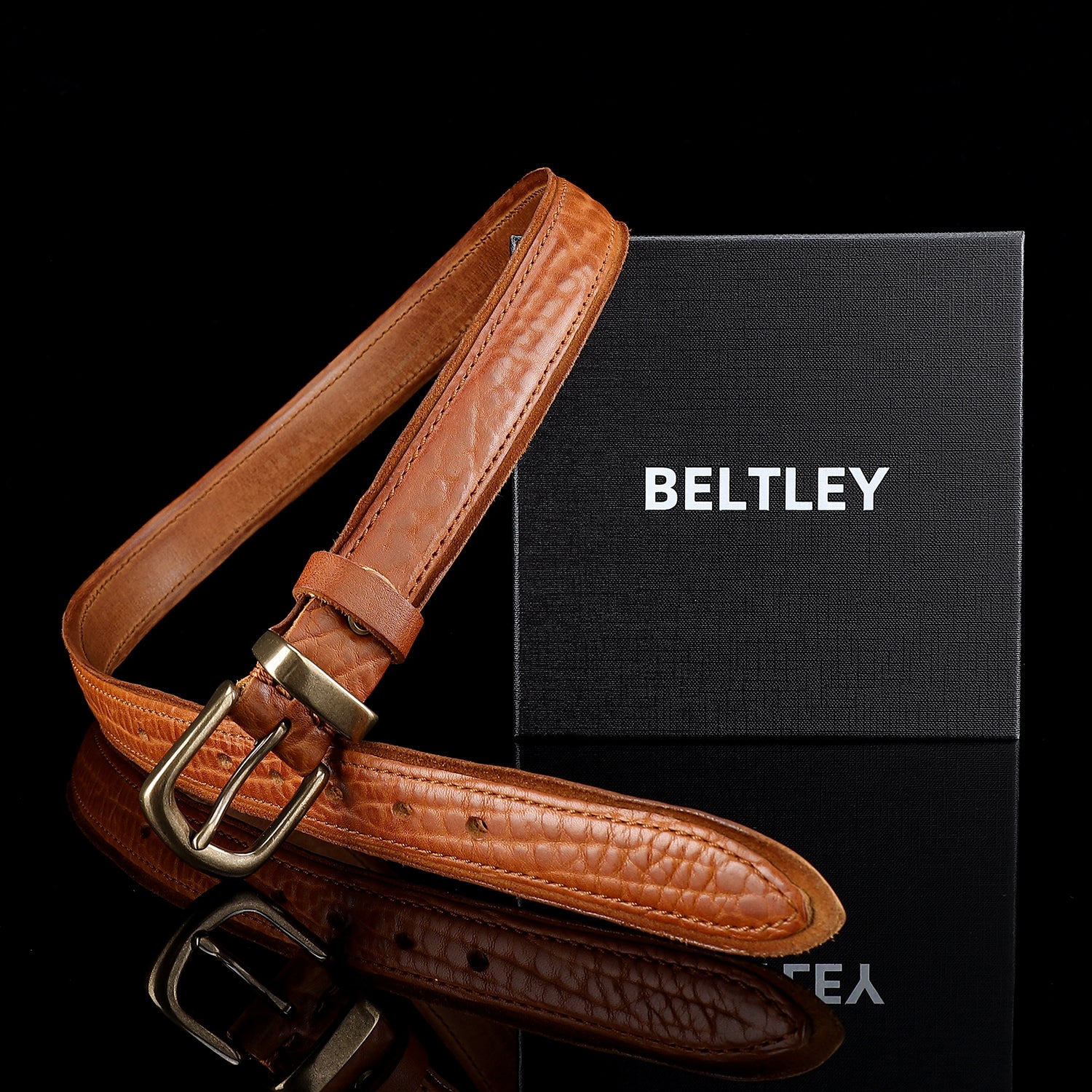 Vintage Cognac Brown Leather Belt-Unisex Distressed Design — reverse side | BELTLEY