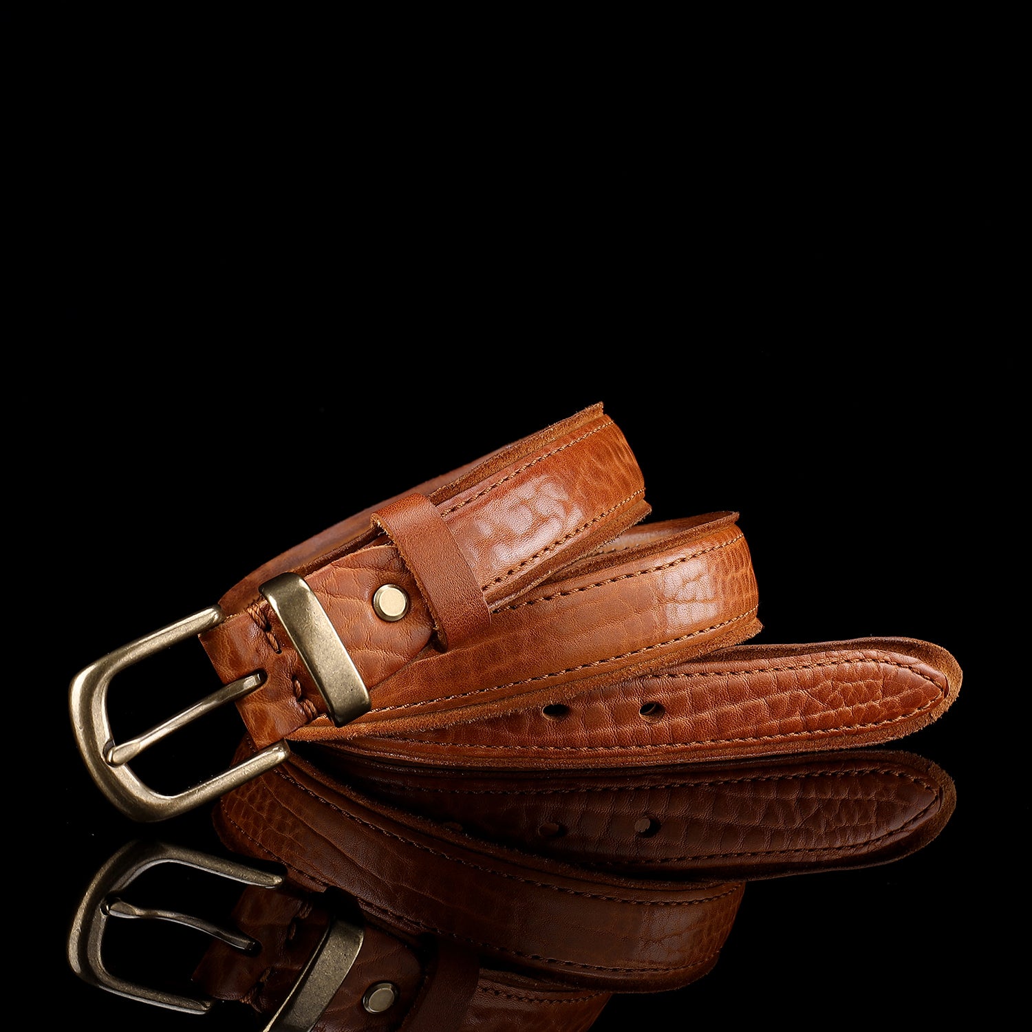 Vintage Cognac Brown Leather Belt-Unisex Distressed Design — detail close-up | BELTLEY