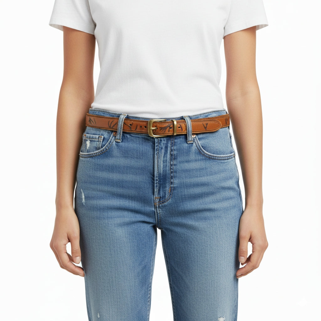 Beltley Artisan Stamped Leather Belt | Cognac Brown with Curved Brass Buckle