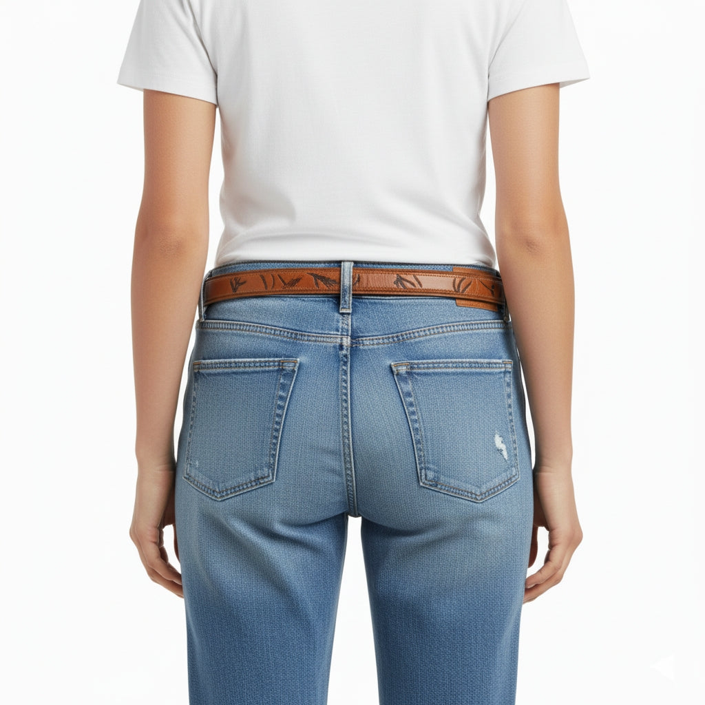 Beltley Artisan Stamped Leather Belt | Cognac Brown with Curved Brass Buckle