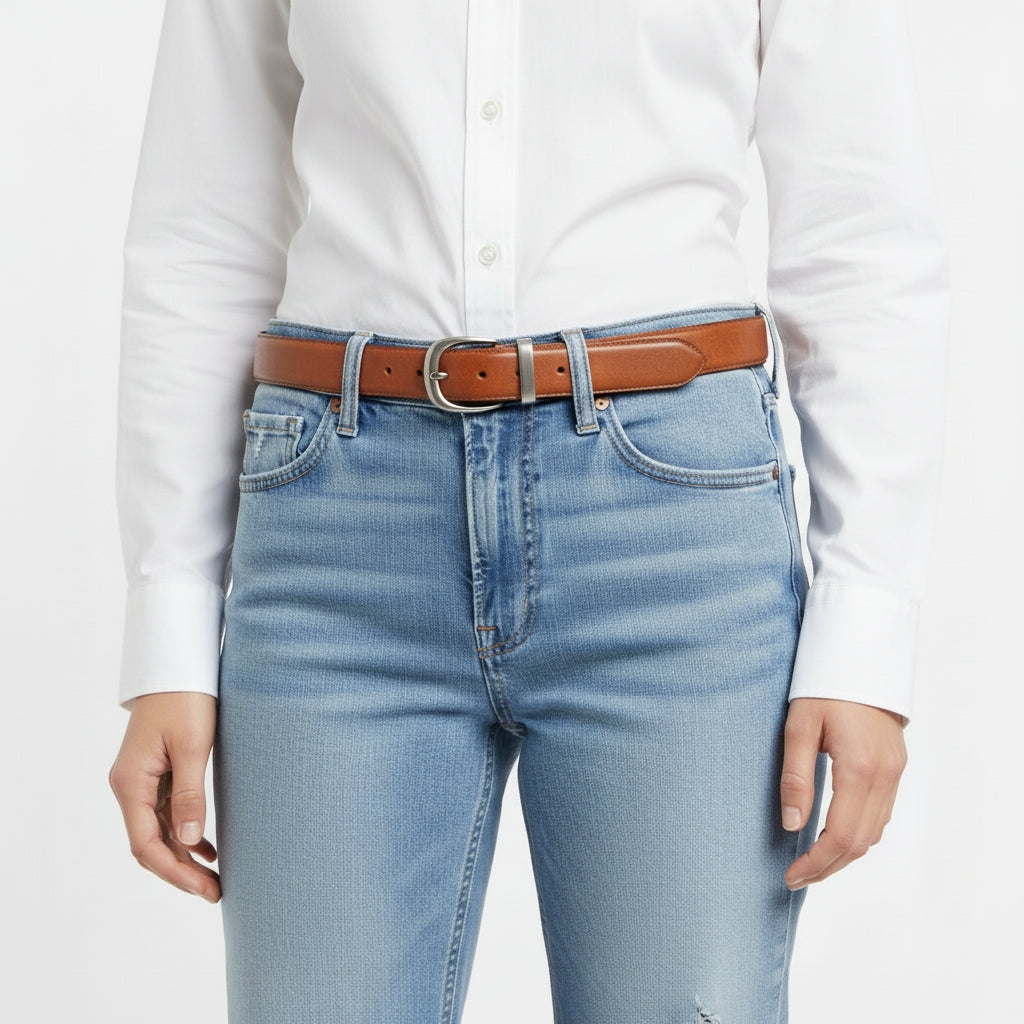 Elegant Cognac Leather Belt for Women | 1.25" Minimalist Design — lifestyle shot | BELTLEY