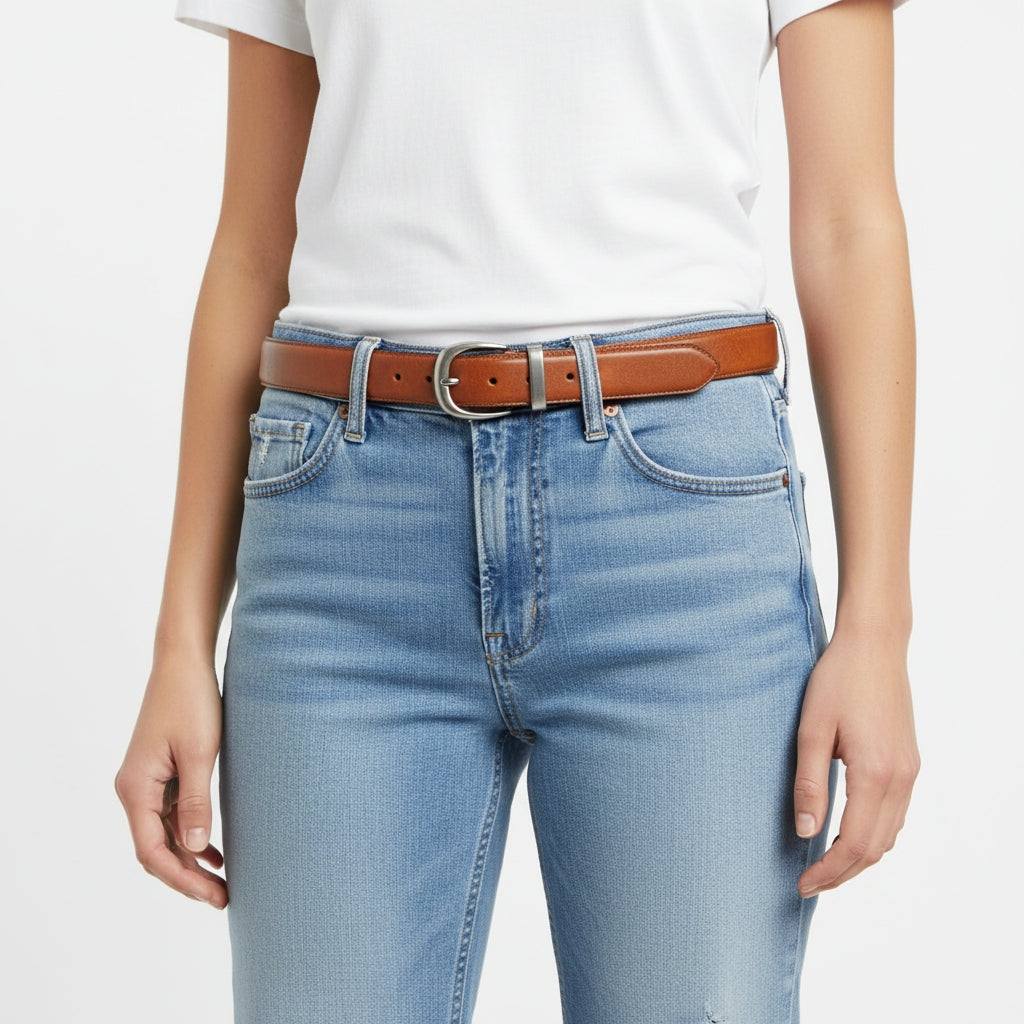 Elegant Cognac Leather Belt for Women | 1.25" Minimalist Design — lay-flat view | BELTLEY