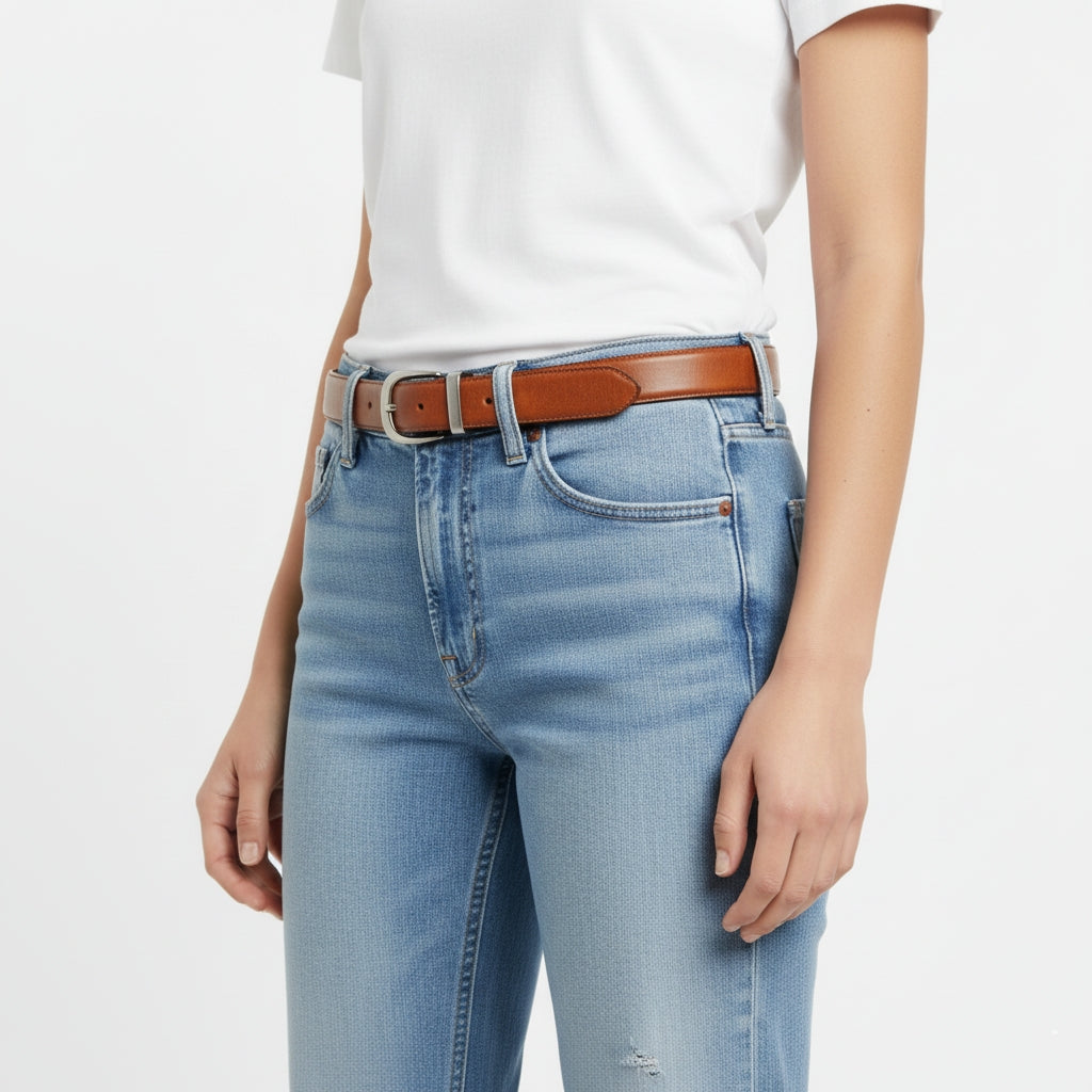 Elegant Cognac Leather Belt for Women | 1.25" Minimalist Design — side detail | BELTLEY