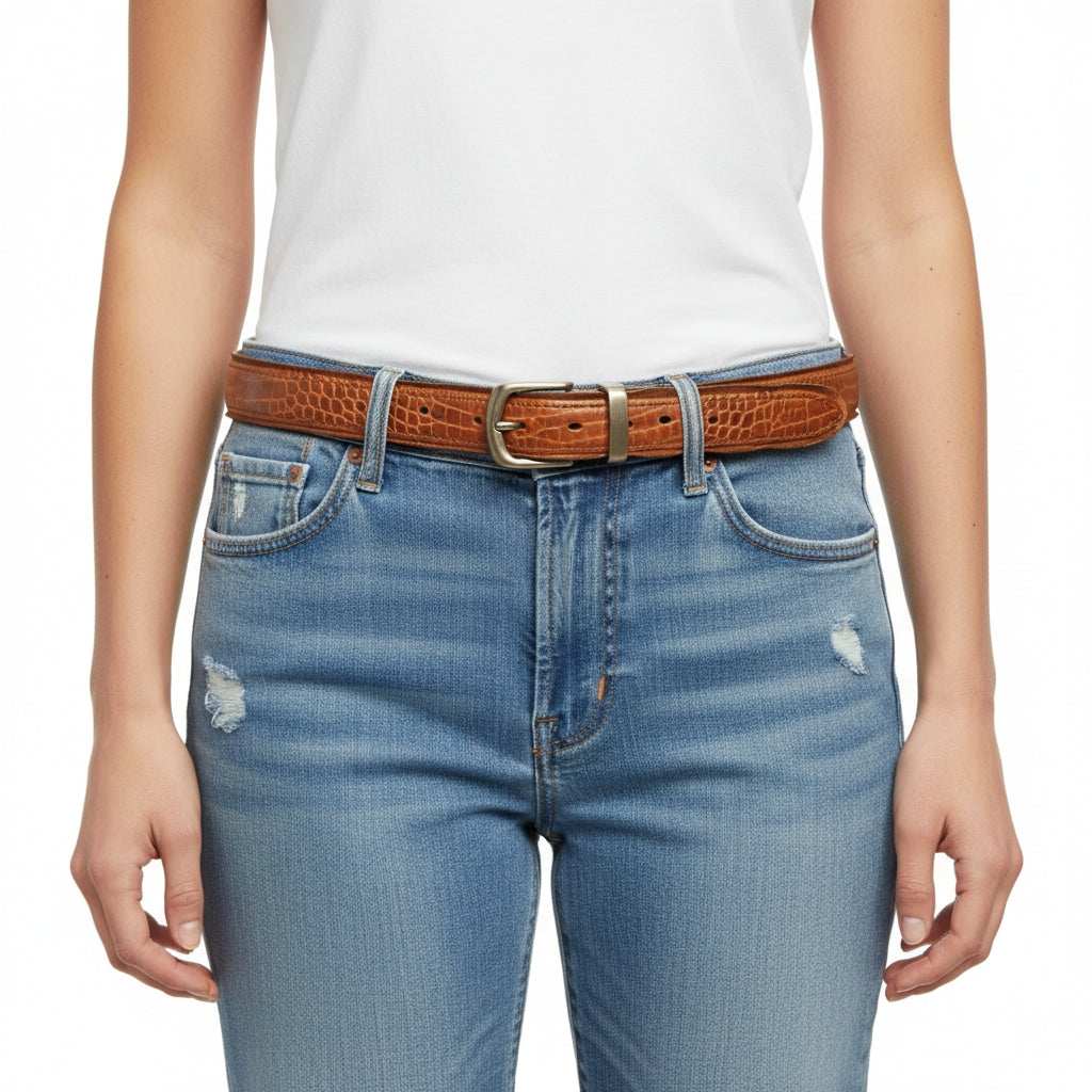 Vintage Cognac Brown Leather Belt-Unisex Distressed Design — side detail | BELTLEY