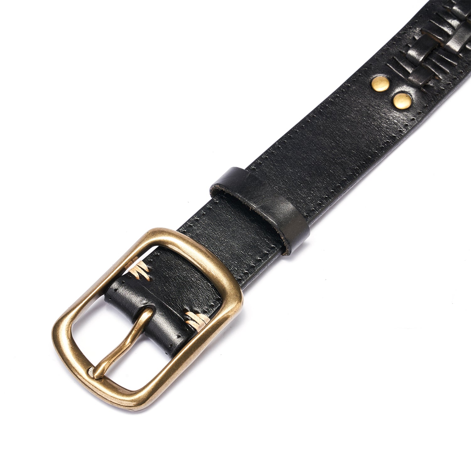 Black Artisan Braided Full Grain Leather Belt with Solid Copper Buckle -1.5 Inches — buckle close-up | BELTLEY