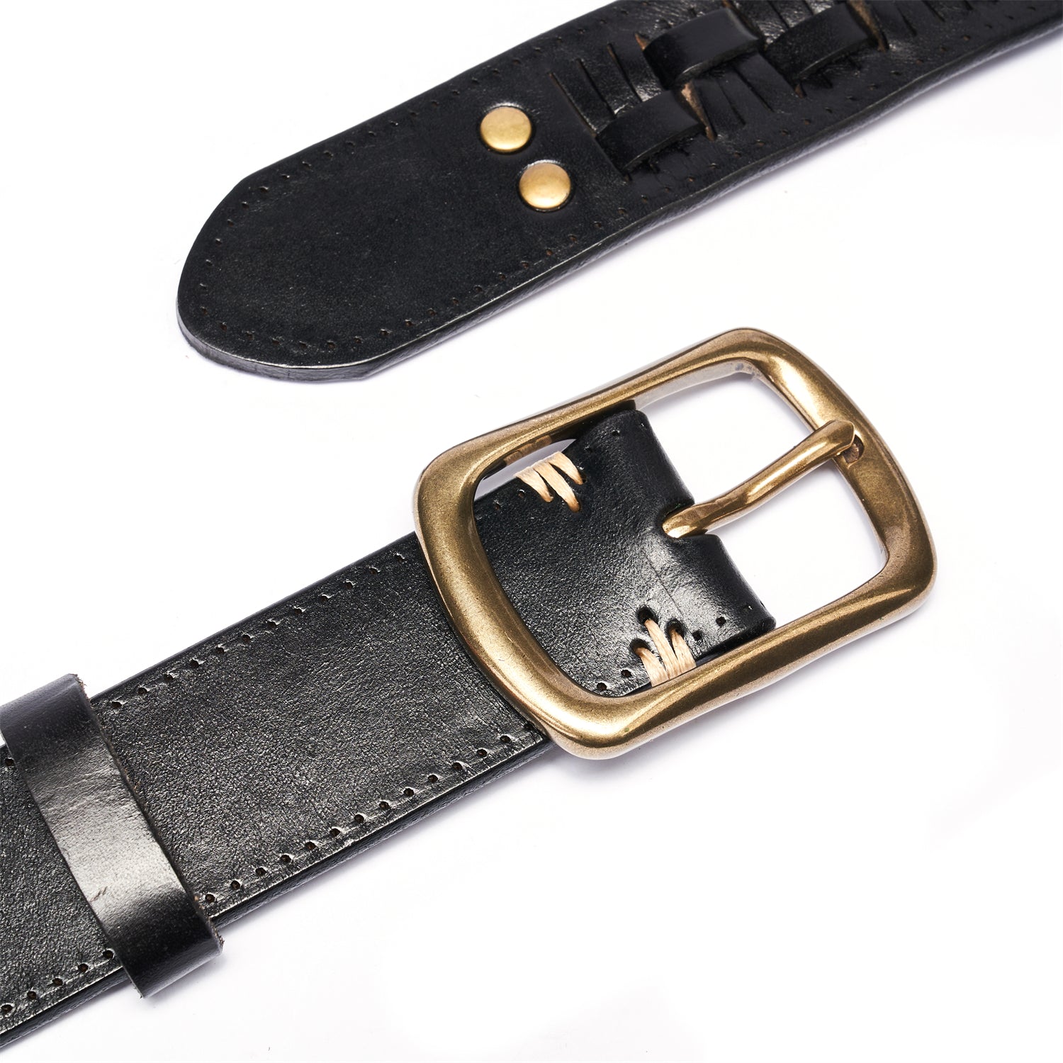 Black Artisan Braided Full Grain Leather Belt with Solid Copper Buckle -1.5 Inches