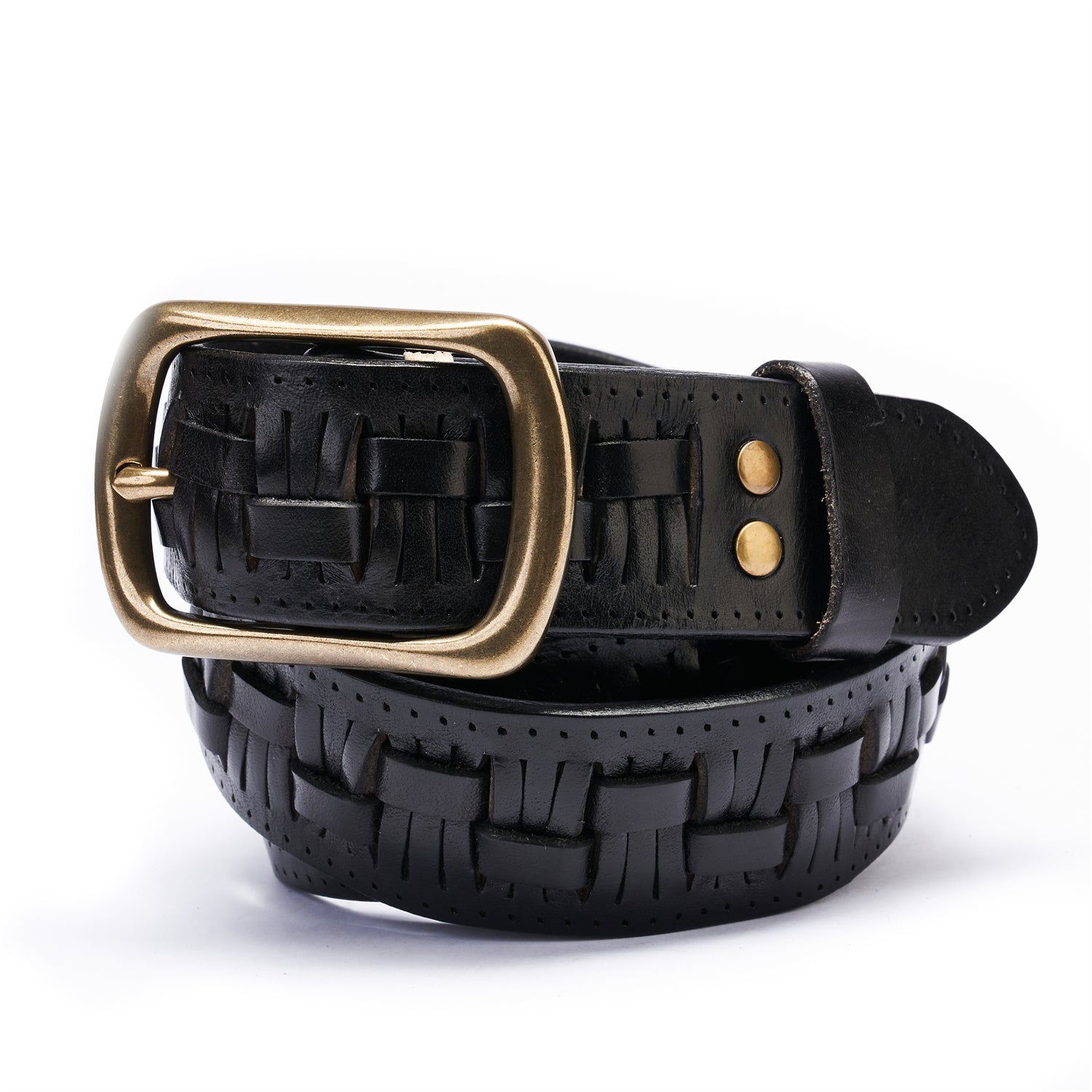 Black Artisan Braided Full Grain Leather Belt with Solid Copper Buckle -1.5 Inches