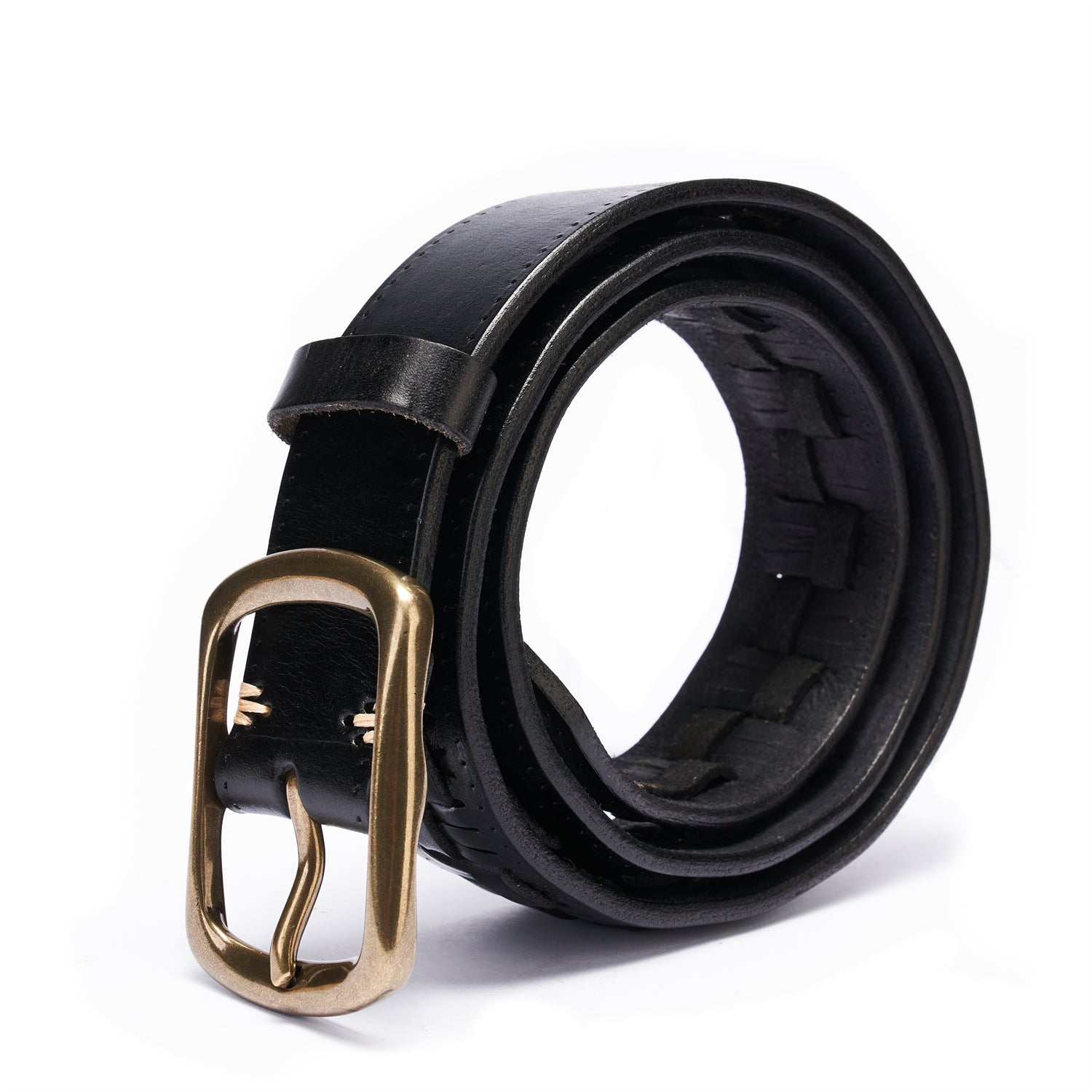 Black Artisan Braided Full Grain Leather Belt with Solid Copper Buckle -1.5 Inches