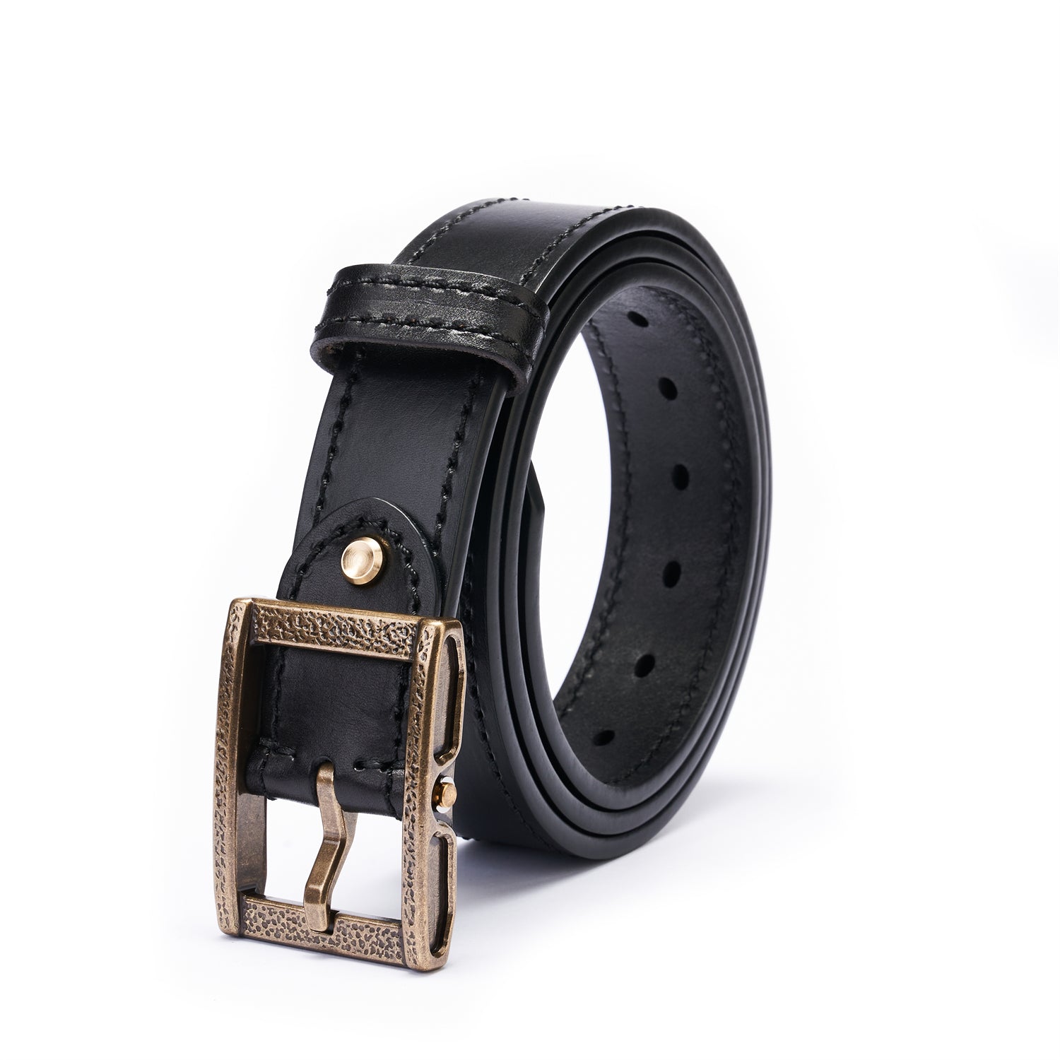 Black Double Layer Full-Grain Leather Belt for Men (Vintage Brass Buckle)