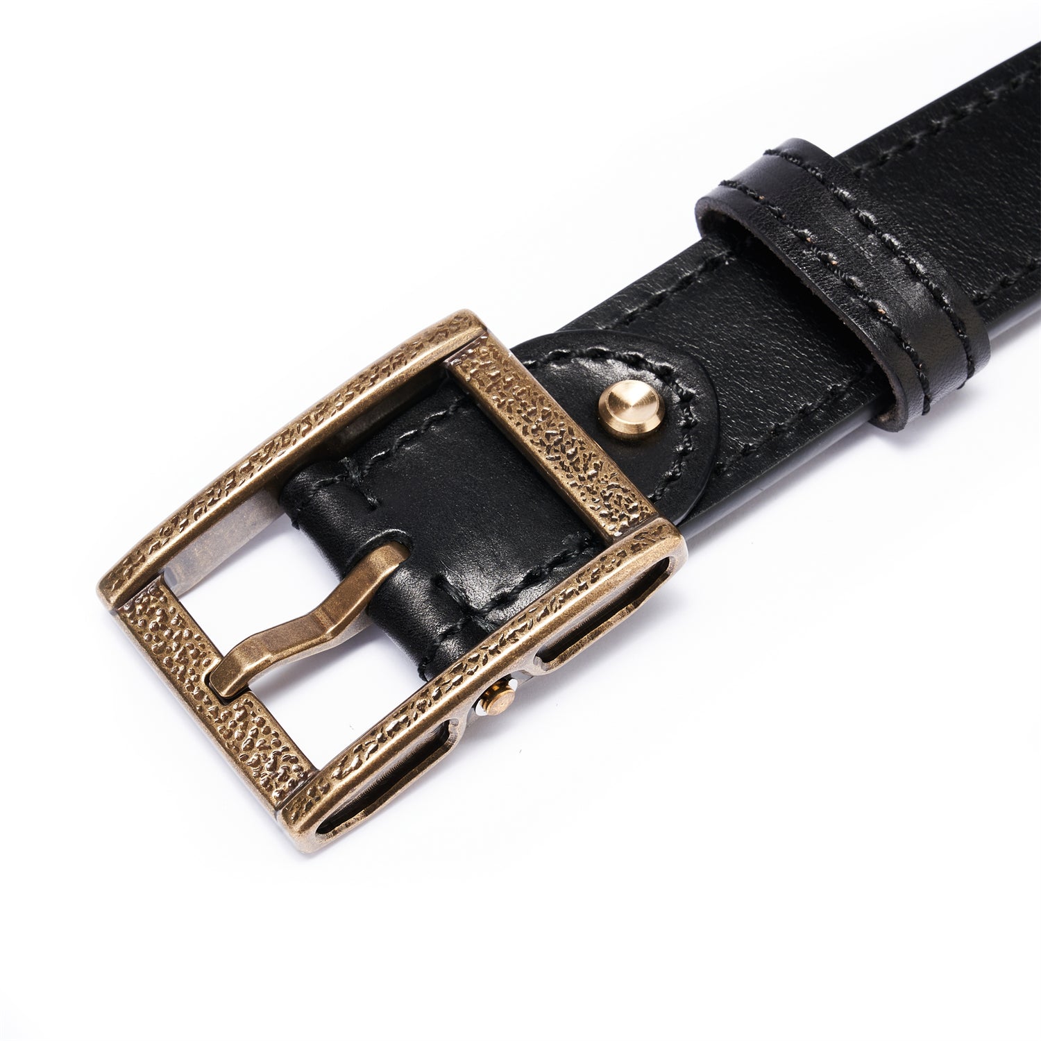 Black Double Layer Full-Grain Leather Belt for Men (Vintage Brass Buckle)