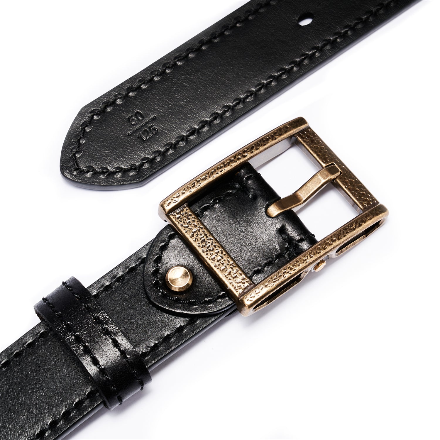 Black Double Layer Full-Grain Leather Belt for Men (Vintage Brass Buckle)