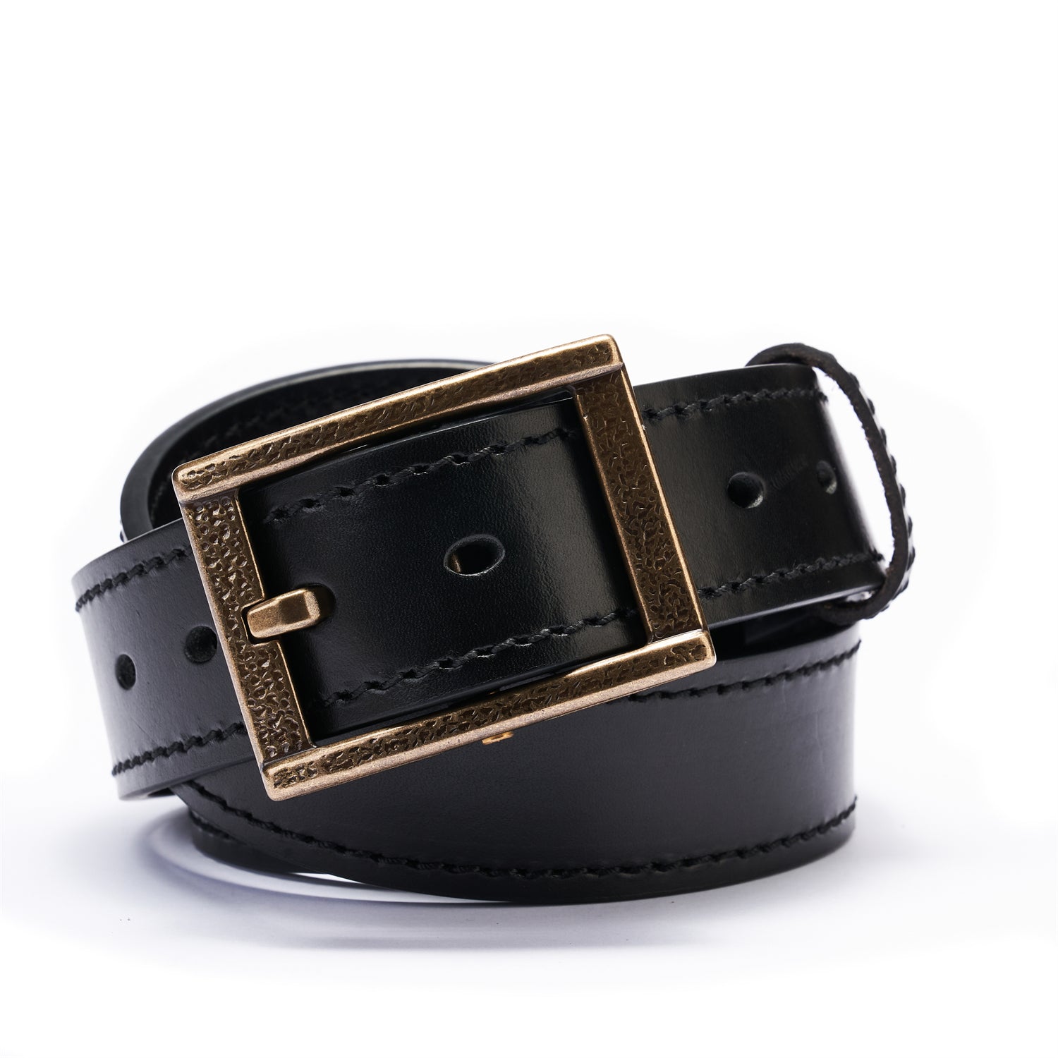 Black Double Layer Full-Grain Leather Belt for Men (Vintage Brass Buckle)