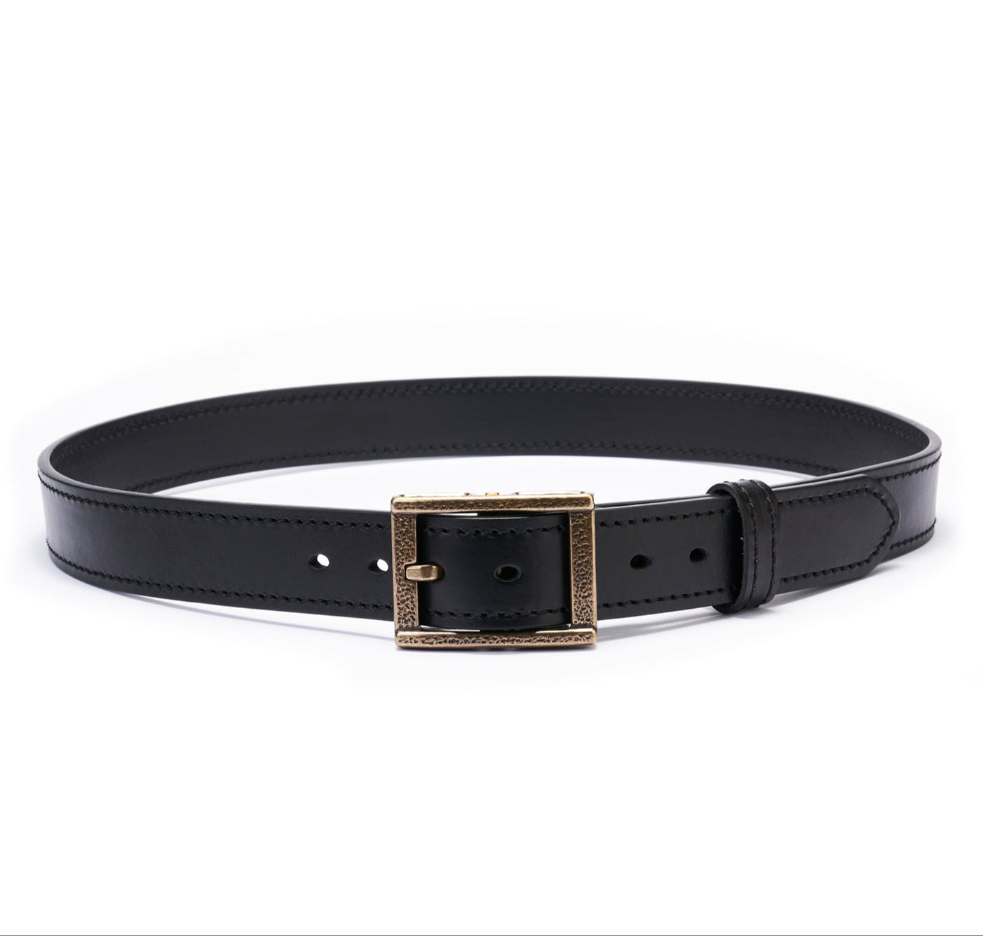 Black Double Layer Full-Grain Leather Belt for Men (Vintage Brass Buckle)
