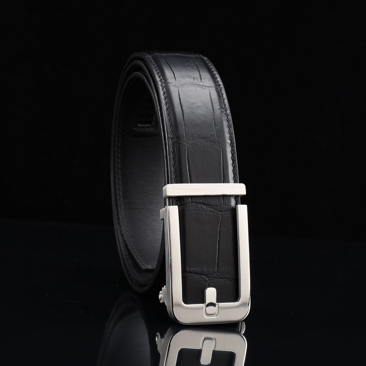 BELTLEY Black Nile Crocodile Leather Automatic Buckle Belt — 1.5"