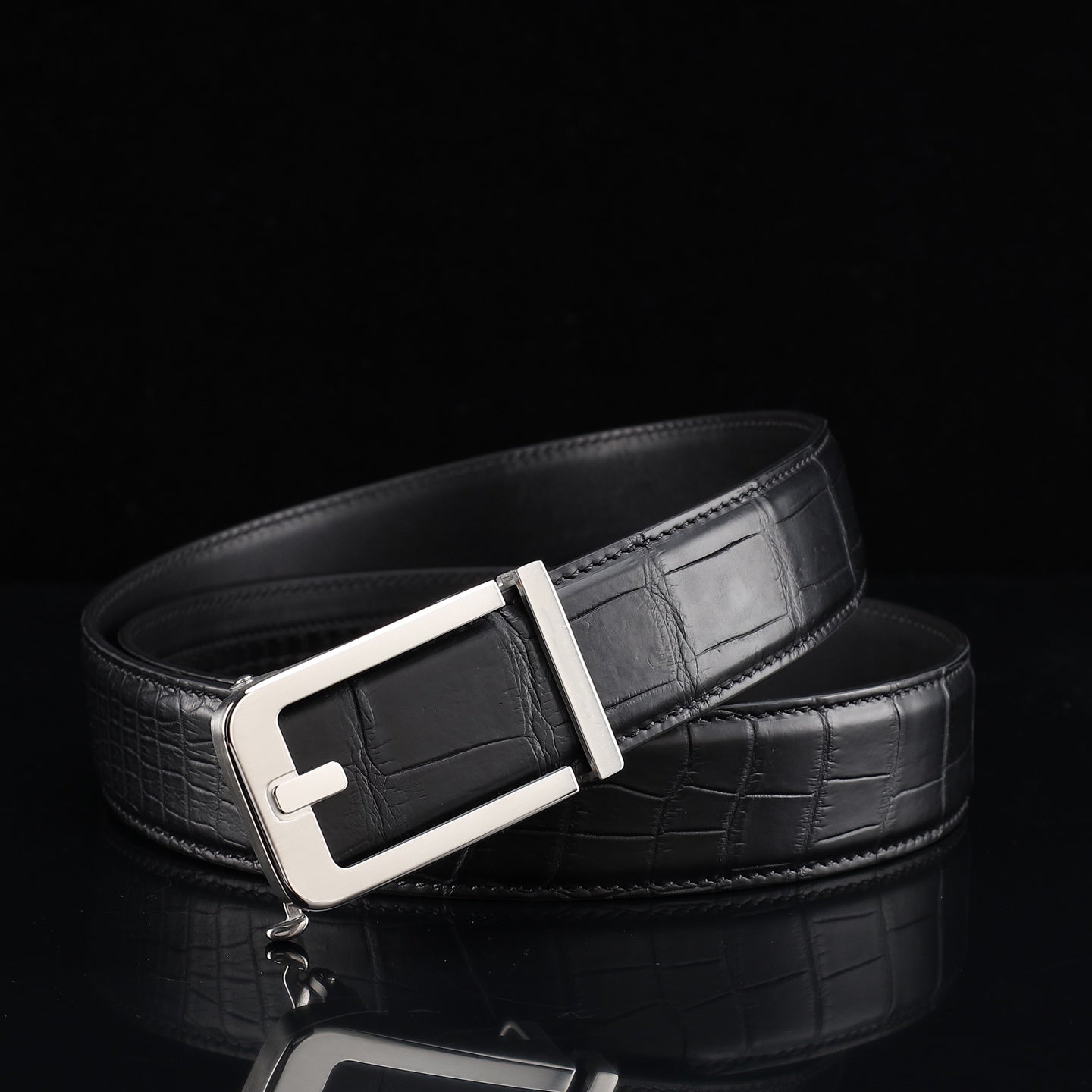 BELTLEY Black Nile Crocodile Leather Automatic Buckle Belt — 1.5"