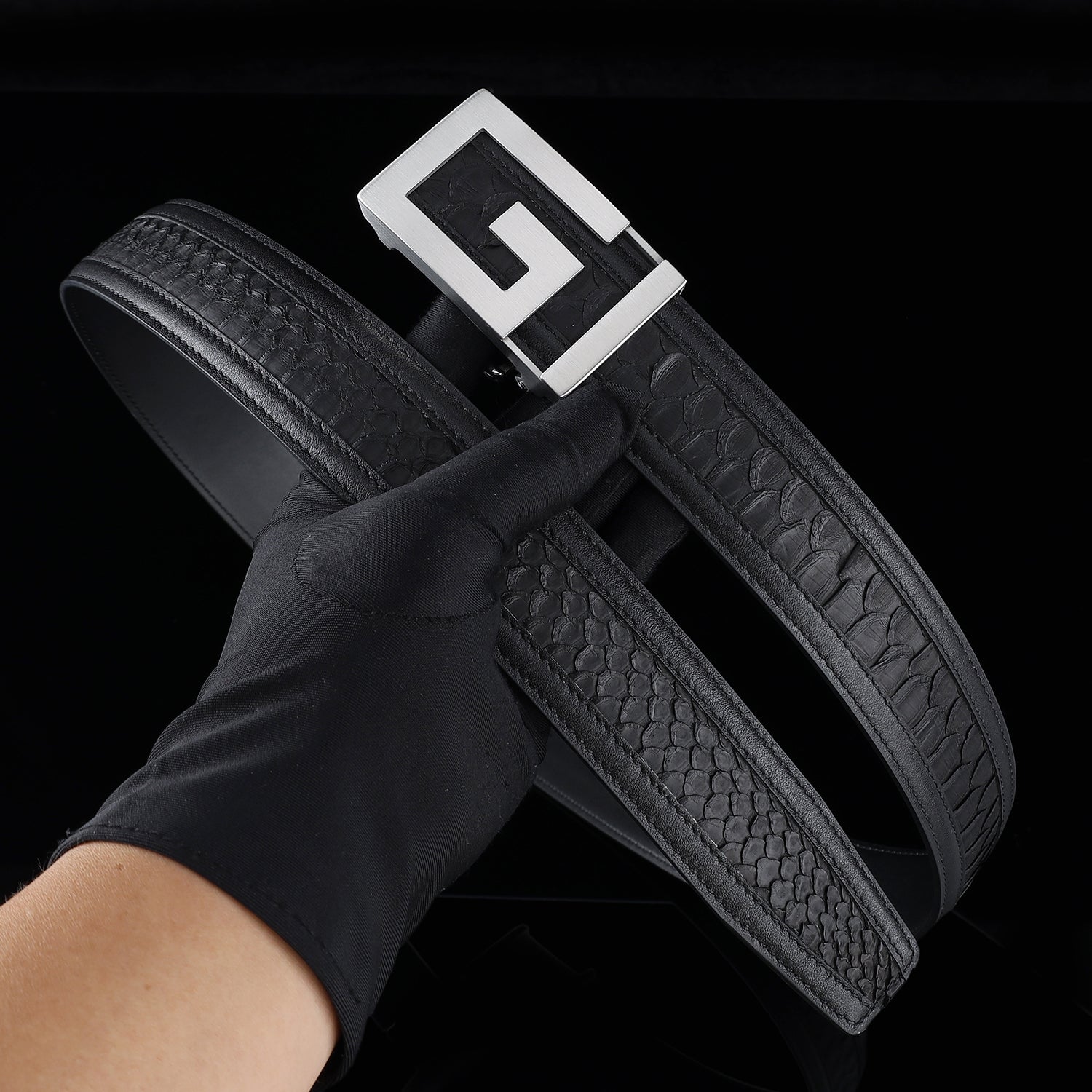 Black Python Leather Belt with Ratchet Buckle-1.5 Inches