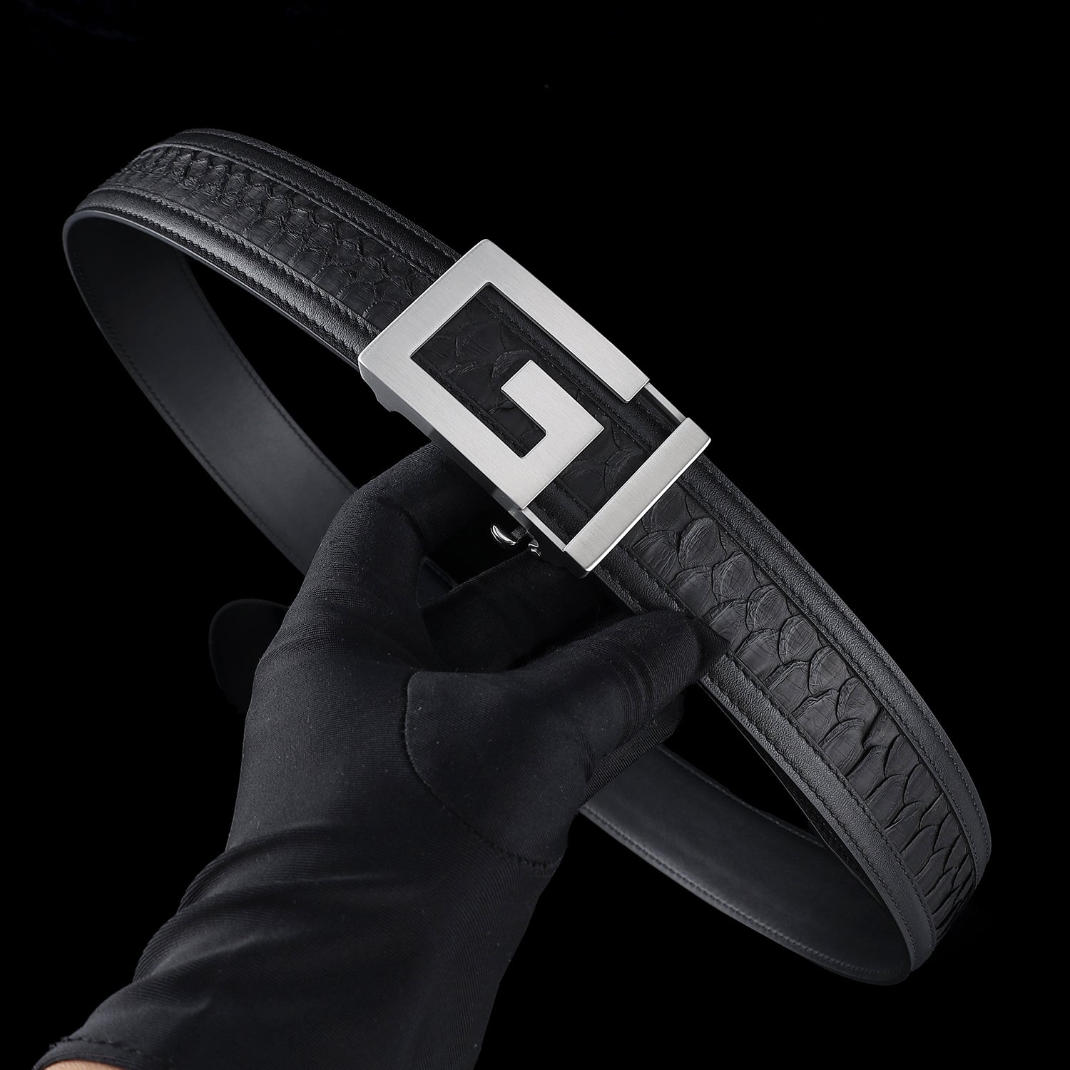Black Python Leather Belt with Ratchet Buckle-1.5 Inches
